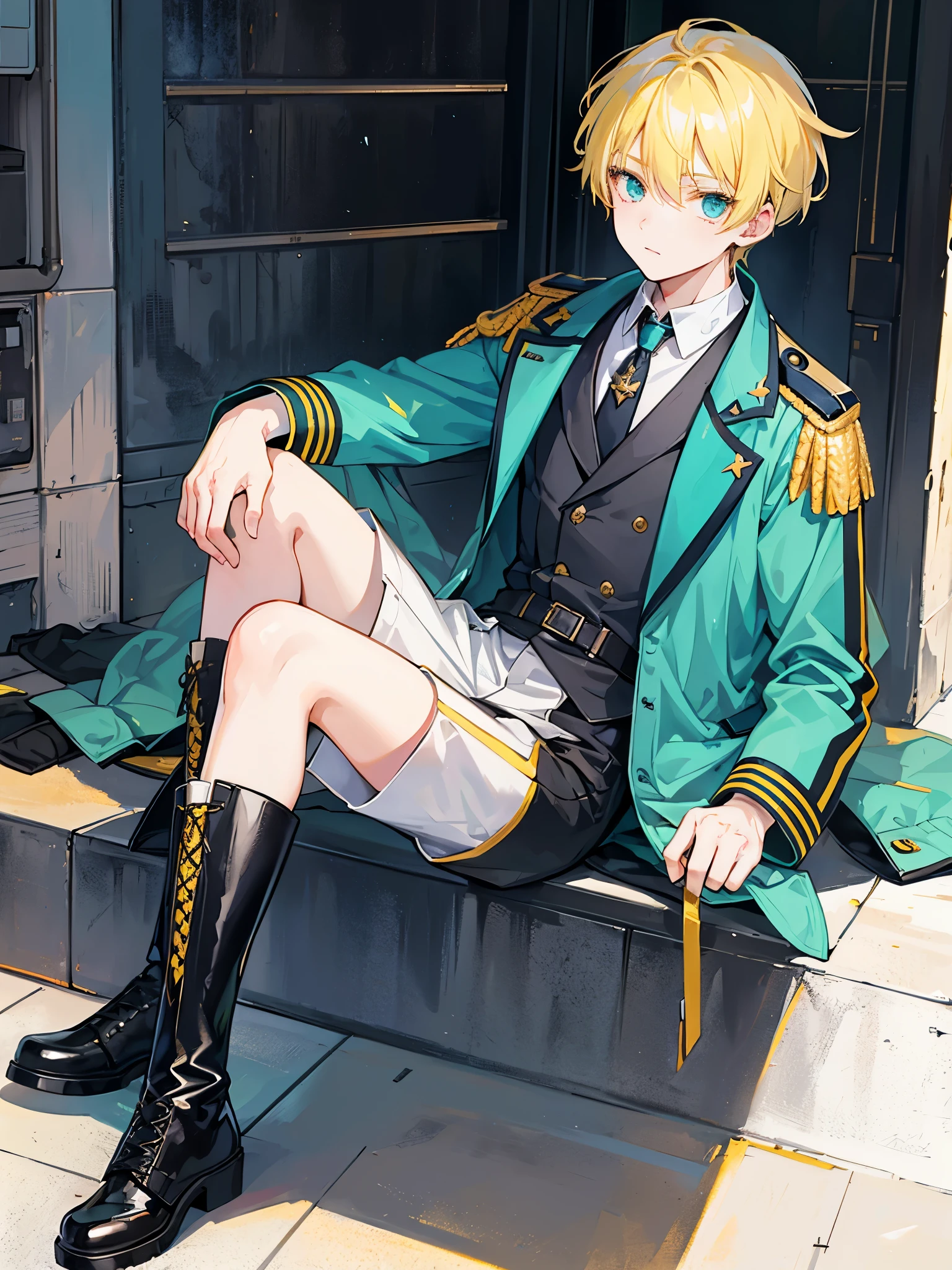 ((a boy)), yellow hair, turquoise eyes, ((military jacket)), ((mature face)), long boots, ((Beautiful boy)), ((individual)), boys' school uniforms