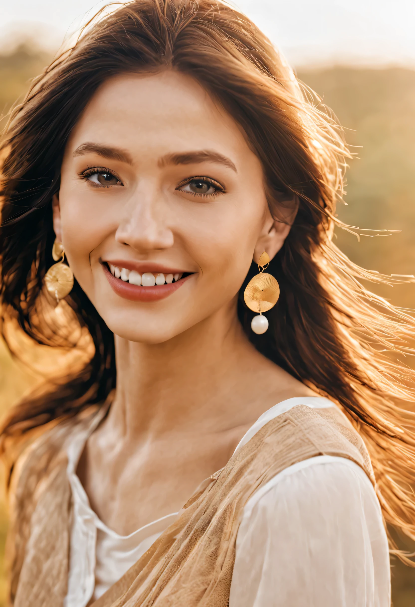 A woman with a joyful expression, exploring a natural setting. Her golden hair is windblown and her face is sun-kissed. She wears simple earrings that complement her natural beauty.