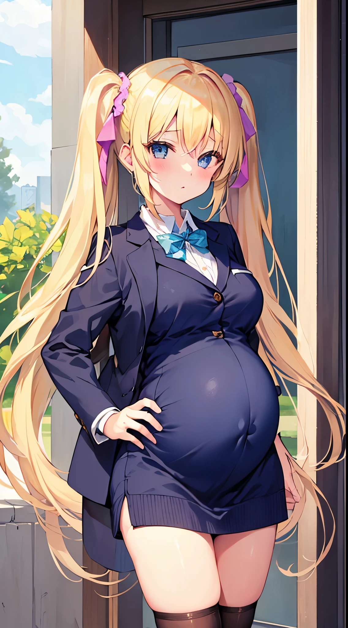 masterpiece, best quality,pregnant junior high school girl、1girl、
blonde hair,twintails hairstyle、Scrunchie decoration on hair、Confident face、
(matanity maxi dress,ridge knitting)、school-blazer-jacket、Thighhighs of black 、