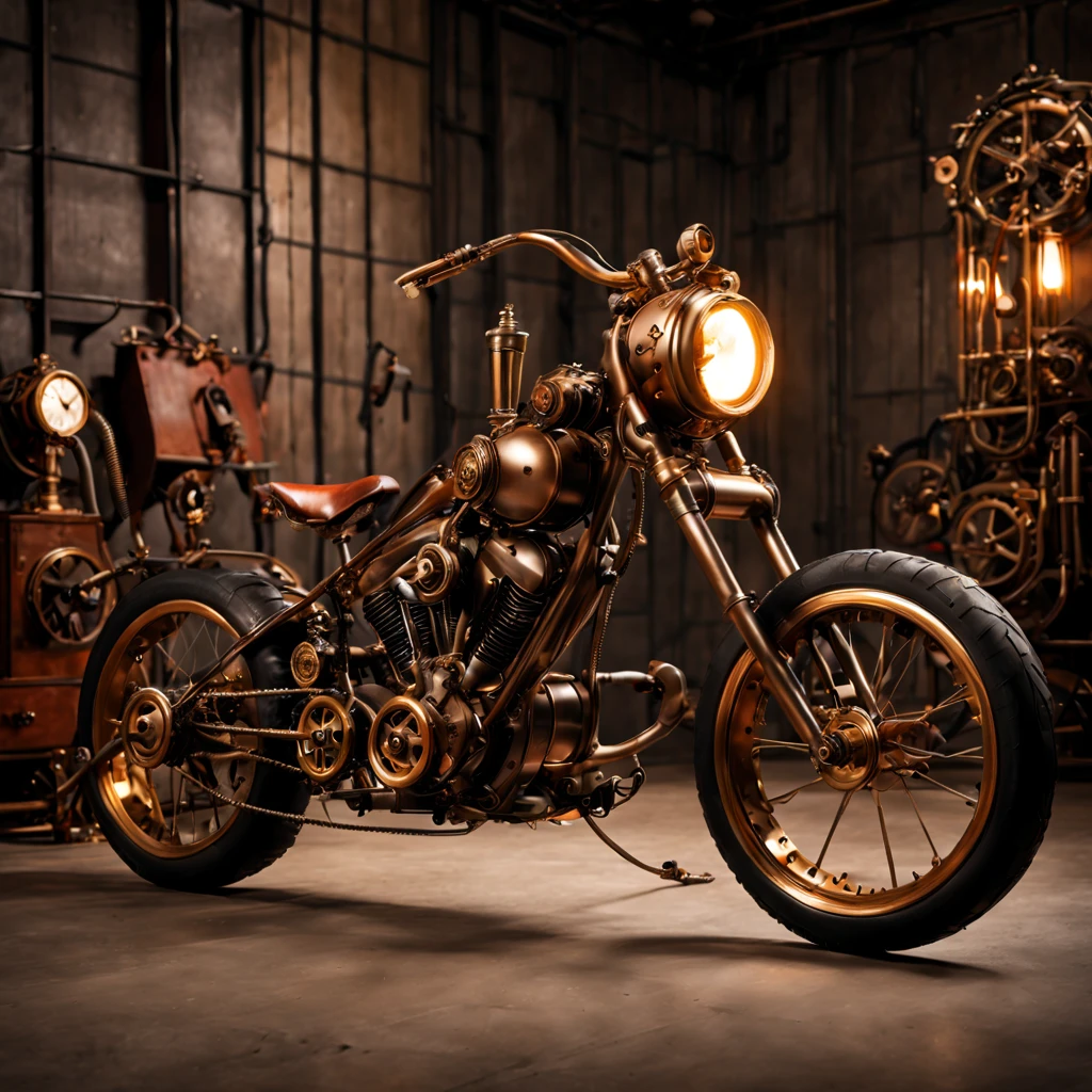 steampunk, Une moto d&#39;inspiration steampunk se trouve au milieu d&#39;un paysage industriel désolé. Le cadre métallique du vélo est agrémenté de rivets, Cadrans, et membres segmentés, évoquant une aura de sophistication vieillie. Proche, une lanterne faiblement éclairée projette une douce lueur, intensifier l&#39;ombre du vélo, tandis que des lumières éthérées lointaines font allusion à un plus grand, monde mystérieux au-delà. Ce décor spectral allie machine et mystique, évoquant à la fois l&#39;émerveillement et le malaise.