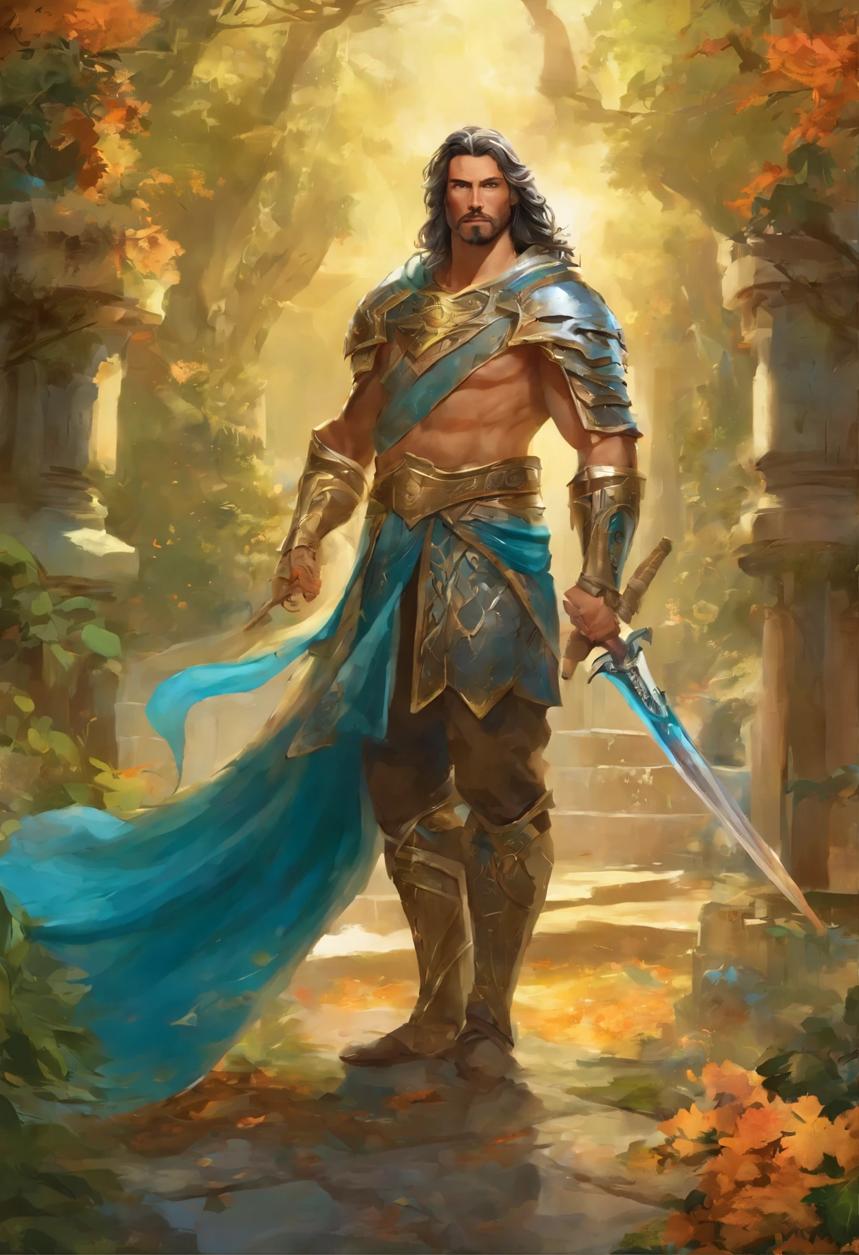 Illustration par John Buscema. Barbare,Homme viril,longs cheveux noirs,dark eyes,pieds,wearing the armor of a centurion of the Roman Empire full body armor,holding a sharp sword,At his feet is a girl of exotic beauty, longs cheveux noirs, yeux bleu turquoise, Corps voluptueux,Gros seins,Esclave soumis,Place de la voie romaine in the middle of the morning (ohwx estétic )