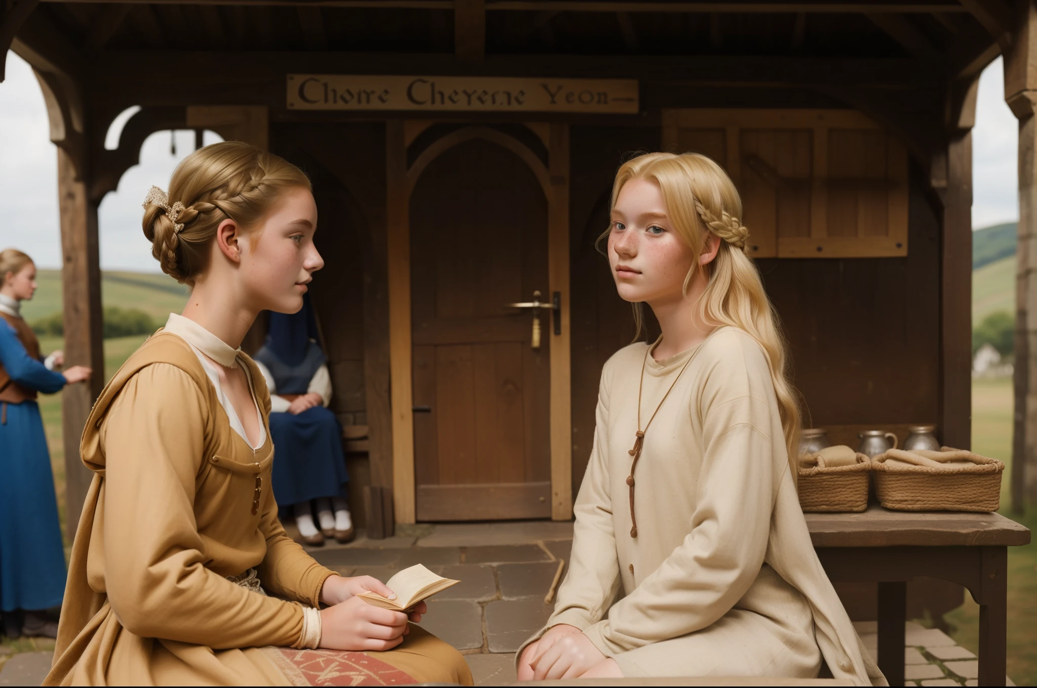 ((((18-year-old)) Gwenda)), strong, rustic, freckles, ((((clothings from the 1300s)))), ((blond hairstyle of the 1300s))