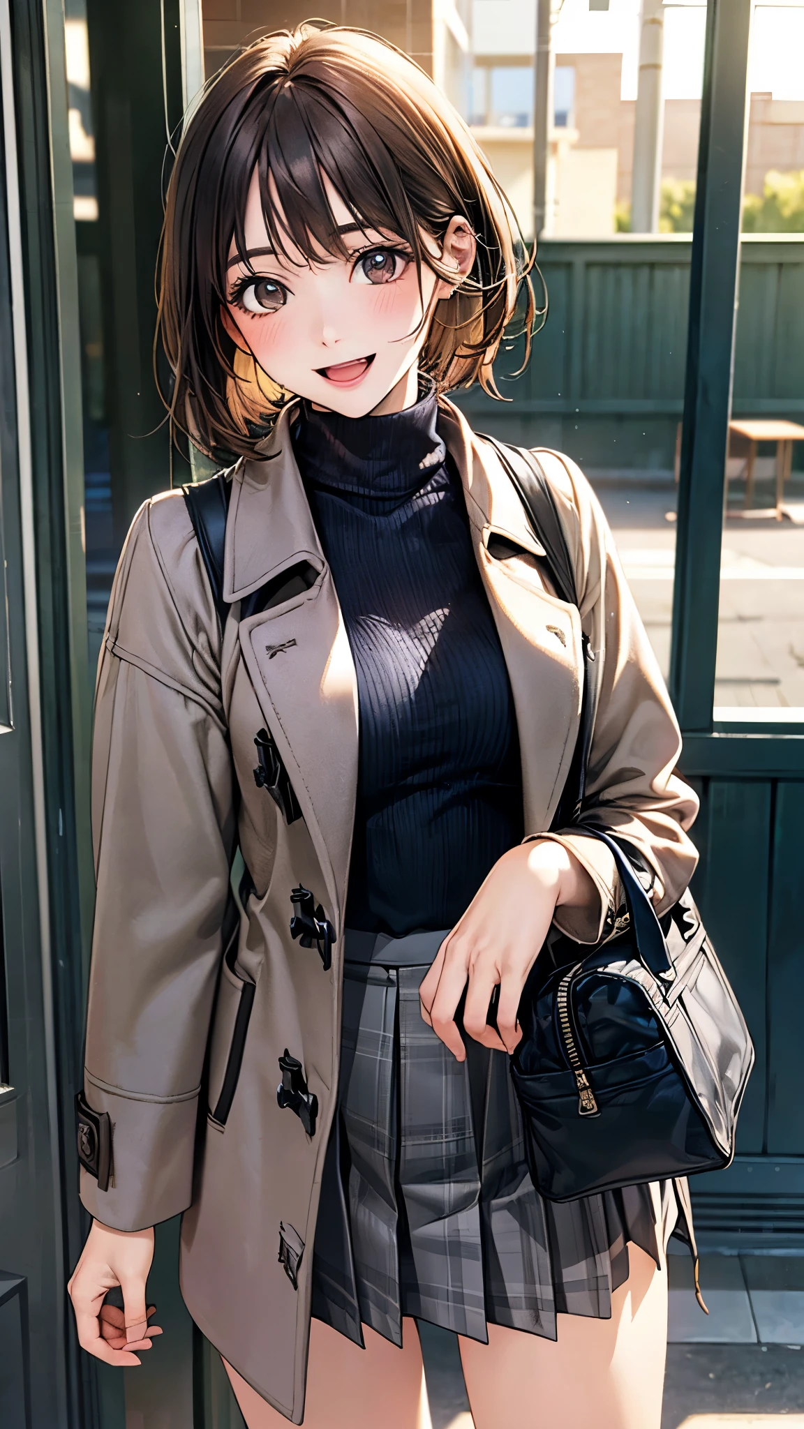 Anime - style woman in a short skirt and trench coat posing for a ...
