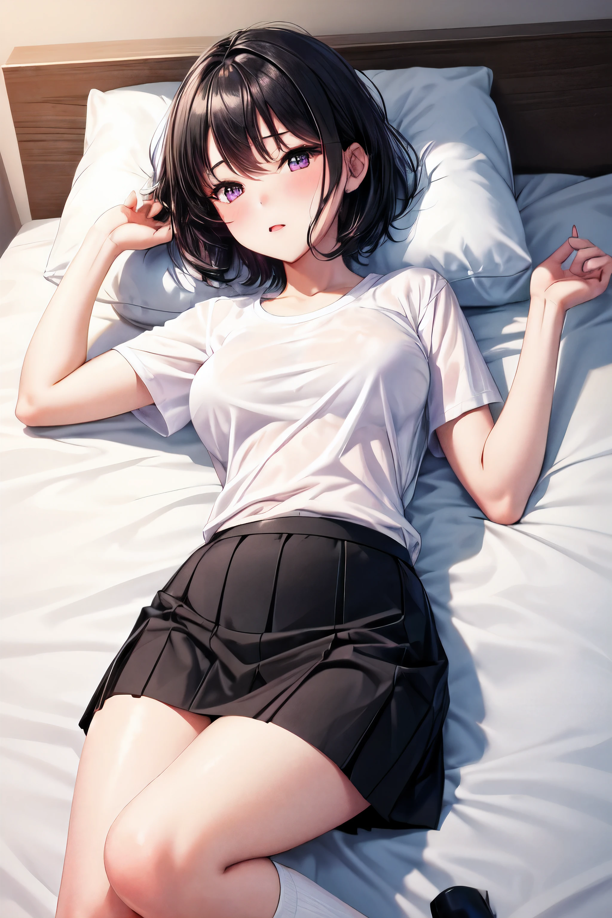 1girl, black hair, purple eye, short hair,white t-shirt, black skirt, Long socks, breasts, blush, lying down on bed, 30yo