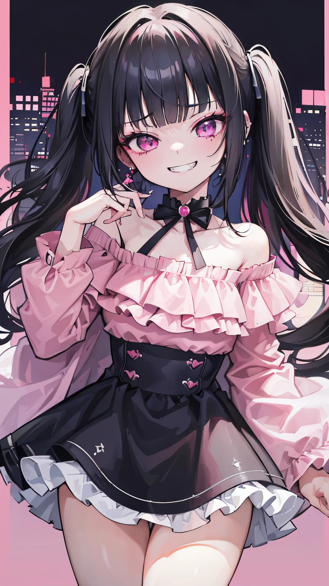 (8K、Highest image quality、highest quality、masterpiece)、detailed face、1 girl、black hair、long hair、twintails、blunt bangs、pink eyes、evil smile、((grin))、earrings、Moderate chest、pink clothes、frills、((off shoulder))、black mini skirt、cowboy shot、night downtown background