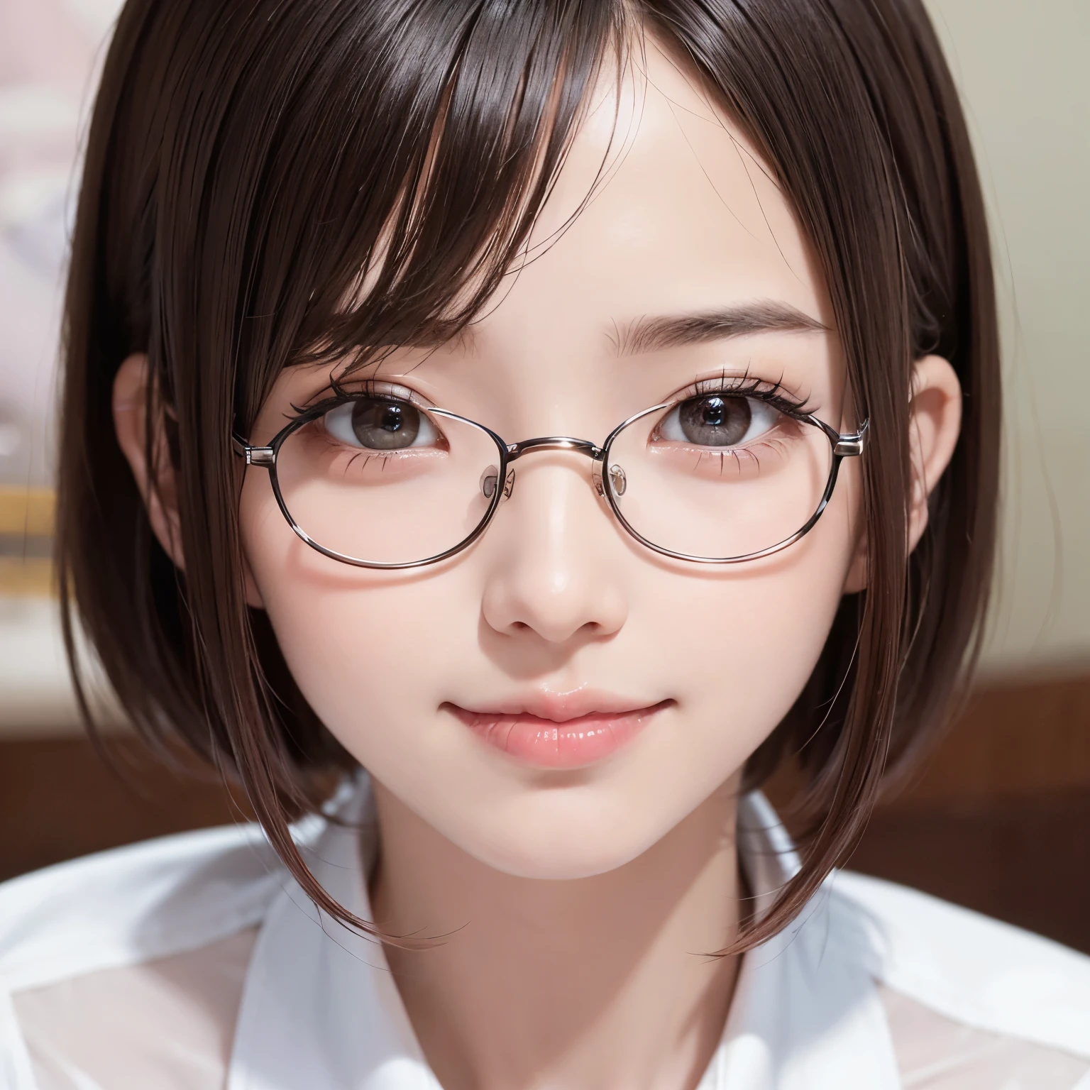 (highest quality、table top、8K、best image quality、Award-winning work)、1 personの可愛い女子高生、1 person、alone、16 years old、close up of face、shiny口紅、shiny, super high detail lips、 alone、most realistic、Hyper-detailed depiction、detailed face、close up of face、Shining ultra-high definition skin、white high school uniform shirt made of polyester、The most natural real high school uniform、beginner girl、look at me、Premonition of romantic love、Moist and sparkling eyes、uniform ribbon on chest、straight short hair、Beautiful smooth berry short hair、The most detailed super high detail short hair、(Classy glasses:1.1)、The background is refreshing colors and the scenery of youth..、Blurry park background、look at me恥ずかしい微笑み、cute smile、(close up of face:1.4)、Super high-definition sparkling eyes、ultra high definition hair、超高解像度のshiny唇、Super high resolution perfect teeth、Super high resolution cute face
