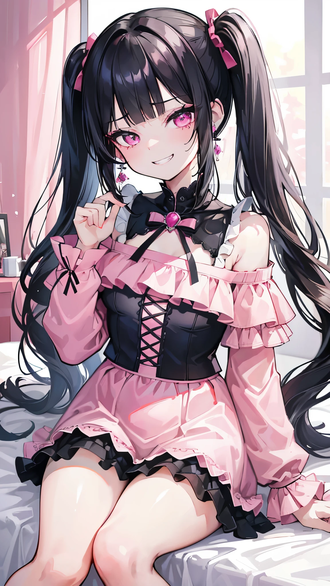 (8K、Highest image quality、highest quality、masterpiece)、detailed face、1 girl、black hair、long hair、twintails、blunt bangs、pink eyes、evil smile、((grin))、earrings、Moderate chest、pink clothes、frills、((off shoulder))、black mini skirt、cowboy shot、sit on the bed