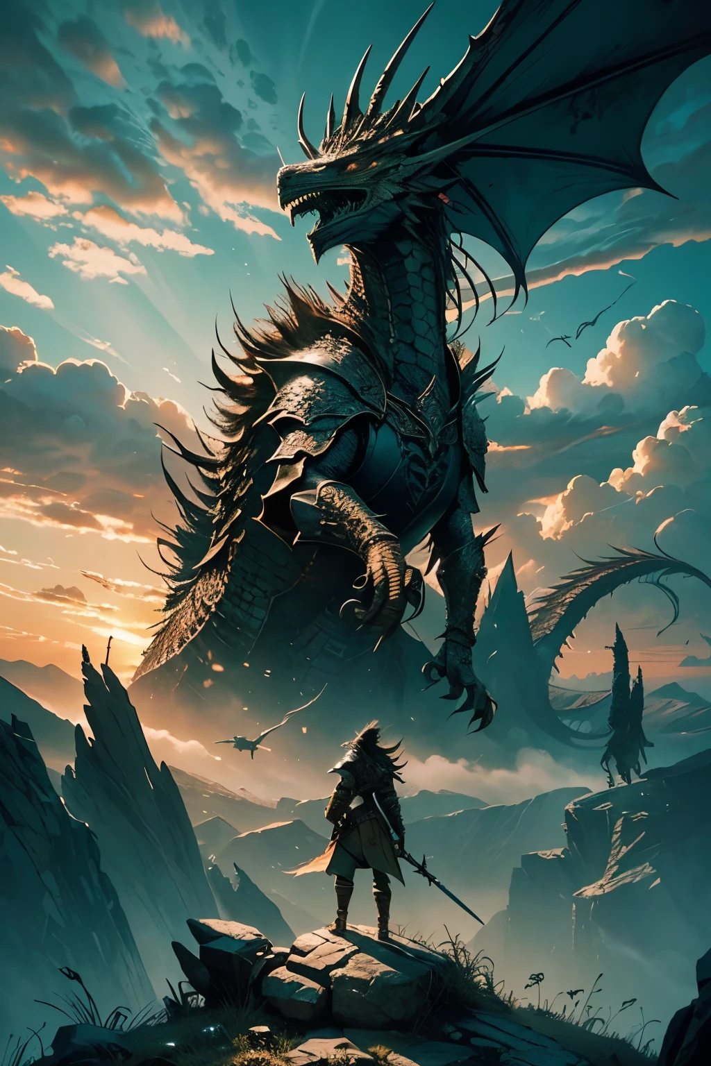 A breathtaking masterpiece of the highest quality, this ultrarealistic depiction showcases a brave warrior standing atop a rugged rock formation. With a sword held confidently in hand, they face off against a fierce dragon lurking in the distance, its shadow cast far and wide. The scene is rendered with intricate details, from the warrior's weathered armor to the dragon's scales and fiery breath. The sweeping view captures the vastness of the epic confrontation, with the vibrant colors of the fantastical landscape adding to the immersive experience. This stunning illustration is a true work of art, blending the elements of fantasy and realism seamlessly in a visually striking composition. The resolution of the image is so high that every minute detail, from the texture of the warrior's skin to the