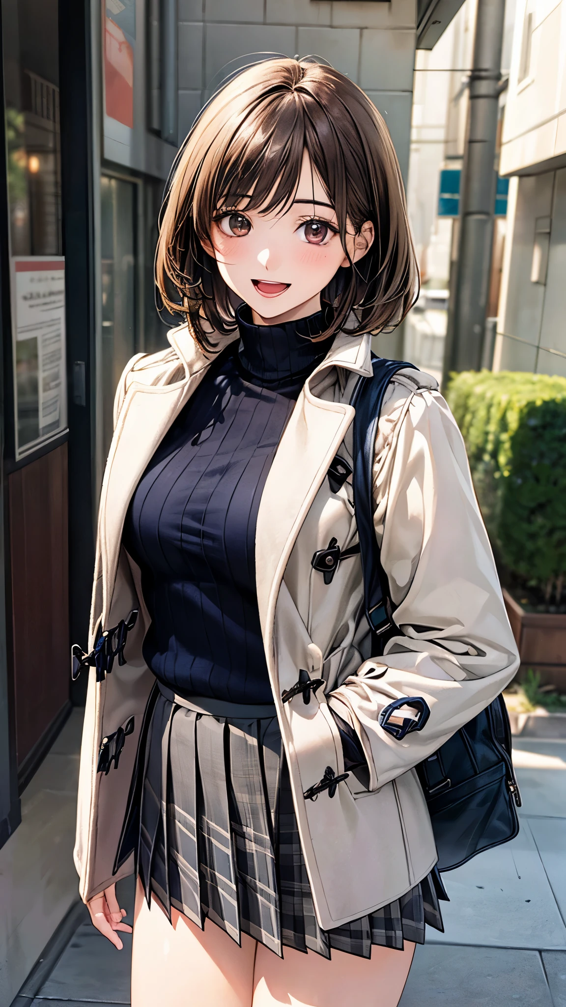 (masterpiece:1.2, top-quality), (realistic, photorealistic:1.4), beautiful illustration, (natural side lighting, movie lighting), nsfw,
looking at viewer, 1 girl, japanese, high school girl, perfect face, cute and symmetrical face, shiny skin,
(short hair:1.7, straight hair:1.2, brown hair), swept bangs, dark brown eyes, drooping eyes, long eye lasher, (medium breasts), slender,
beautiful hair, beautiful face, beautiful detailed eyes, beautiful clavicle, beautiful body, beautiful chest, beautiful thigh, beautiful legs, beautiful fingers,
((grey brown duffle coat, black turtleneck sweater, grey box pleated mini skirt, navy and brown check muffler)), , school bag,
(beautiful scenery), evening, (outdoors), standing, (smile, open mouth slightly),