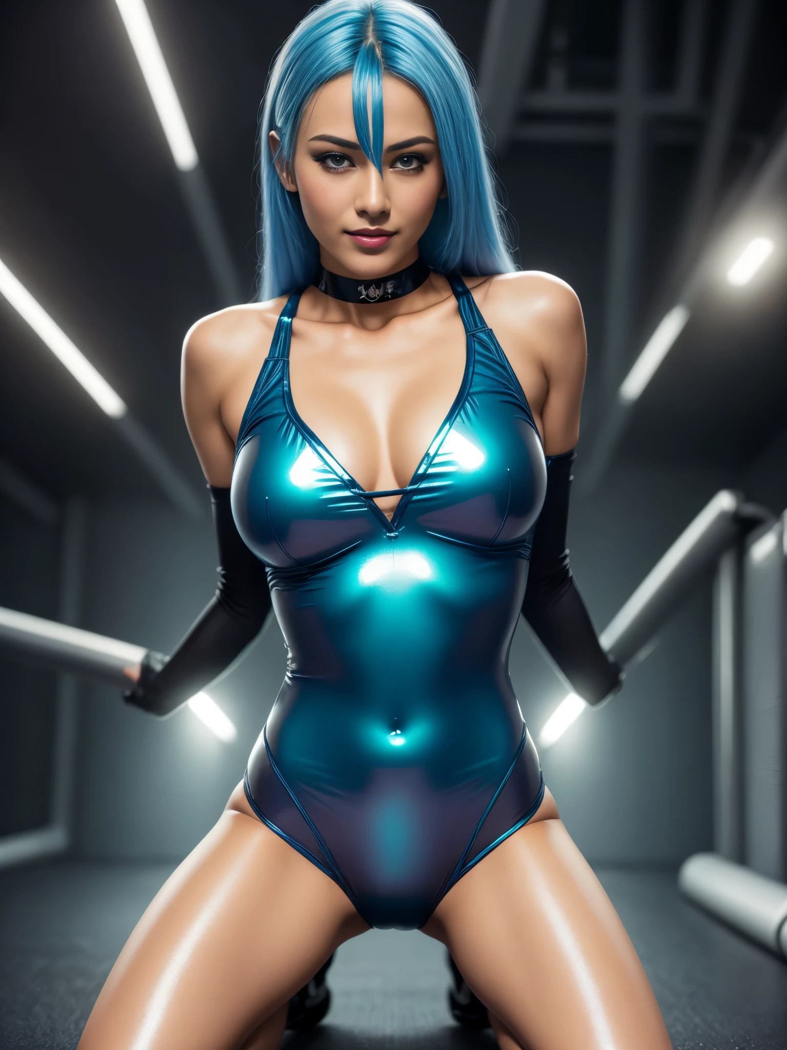 Cyber City,The cosplayer is a very beautiful Western 18 yo, Sexy super shiny skin tight revealing fluorescent orange holographic cyberpunk suit:1.3 ,Sexy face,lip gloss, open mouth, ahegao, naughty smile, skinny and muscular, cameltoe,small oval face,choker, naughty smile,Sexy Pose, (shiny long blue hair),small firm breasts,profetional lighting,Cinematic Light,(masterpiece,top-quality,Ultra-high resolution output image) ,(The 8k quality,),(Sea Art 2 Mode:1.3),(Image Mode Ultra HD), kneeling, devote, eyes up, waruochi, pleeding eyes, pleeding, open mouth, corrupted, arms behind back