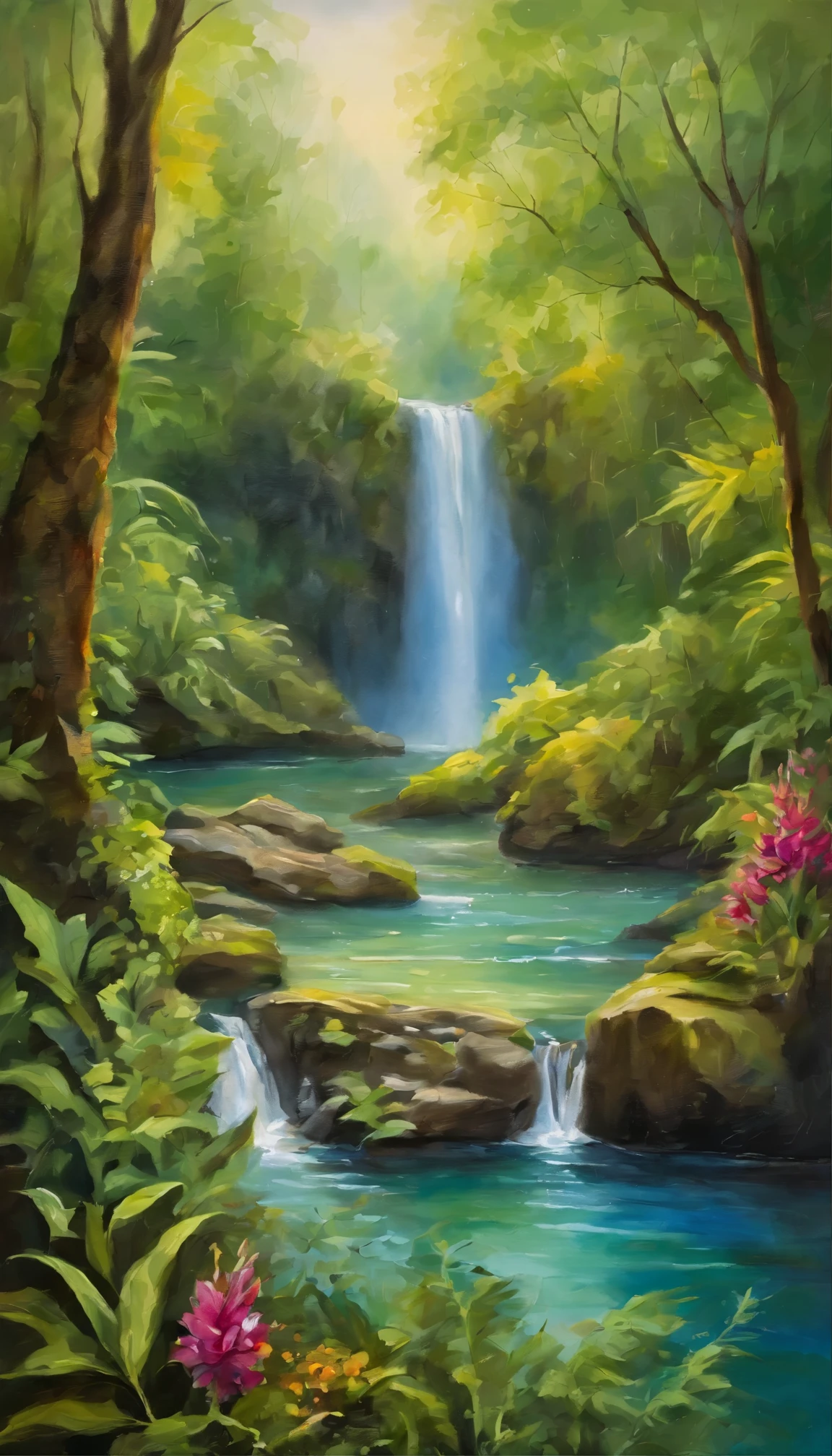 A cascading waterfall hidden within a lush, untouched jungle. Sunbeams pierce through the dense canopy, illuminating the mist rising from the falls. Vibrant green plants and moss cover the rocks, and colorful flowers peek out from among the foliage. A hidden stone path leads deeper into the jungle, hinting at unexplored beauty. peaceful with mystery, Lush greens, vibrant blues for the water, and warm highlights where the sun breaks through