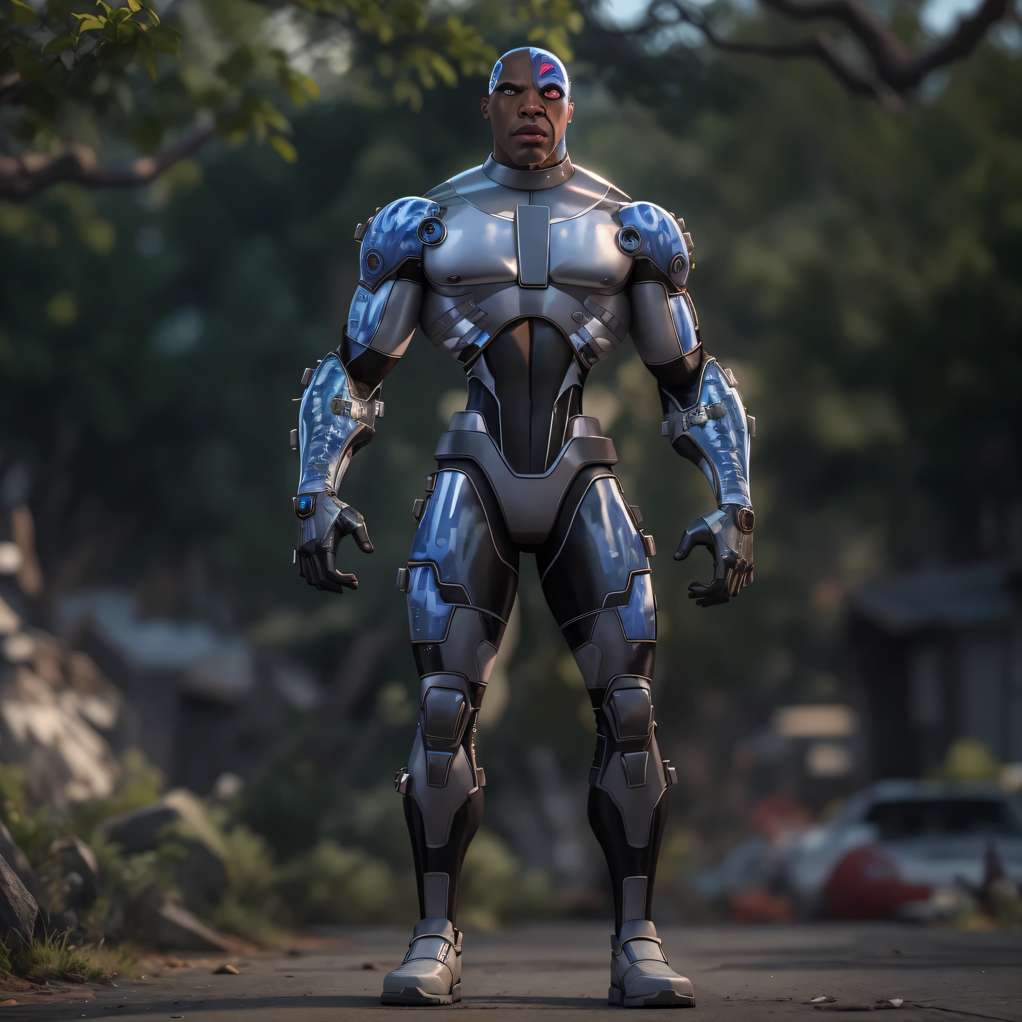 Full body image, DC Comics, Cyborg Victor Stone, black man, photo-realistic, octane render, unreal engine, ultra-realistic