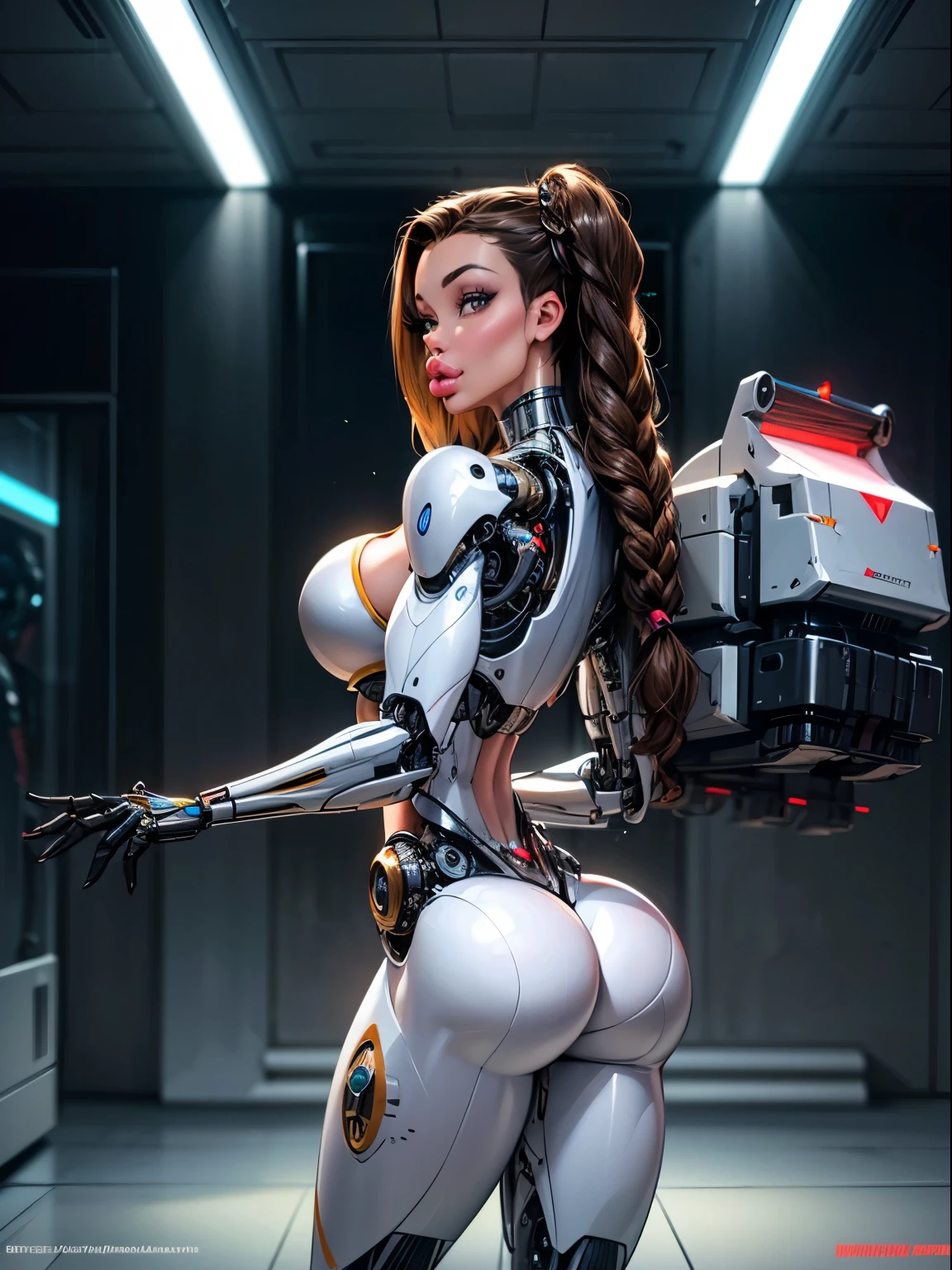 ((Back profile:1.2)), turning head looking to viewer, ((brunette hair)), There is a woman in a robot suit ((posing next to an futuristic Roman building)), ((integrated jet pack)), long thick braided hair, Beautiful white girl half cyborg, Cute cyborg girl, Beautiful girl cyborg, (aletta ocean face), (puffy lips), Perfect Robot Girl, Cyborg girl, (ass air bags), intricate details on ass, Young cyborg lady, (ass cleavage), Beautiful Female Robot, ((cybernetic abs:1.2)), intricate holes on ass, Beautiful robot woman, cyborg girl, perfect cyborg female, ((porcelain cyborg)), Female robot, Beautiful cyborg images, (cinematic lighting)