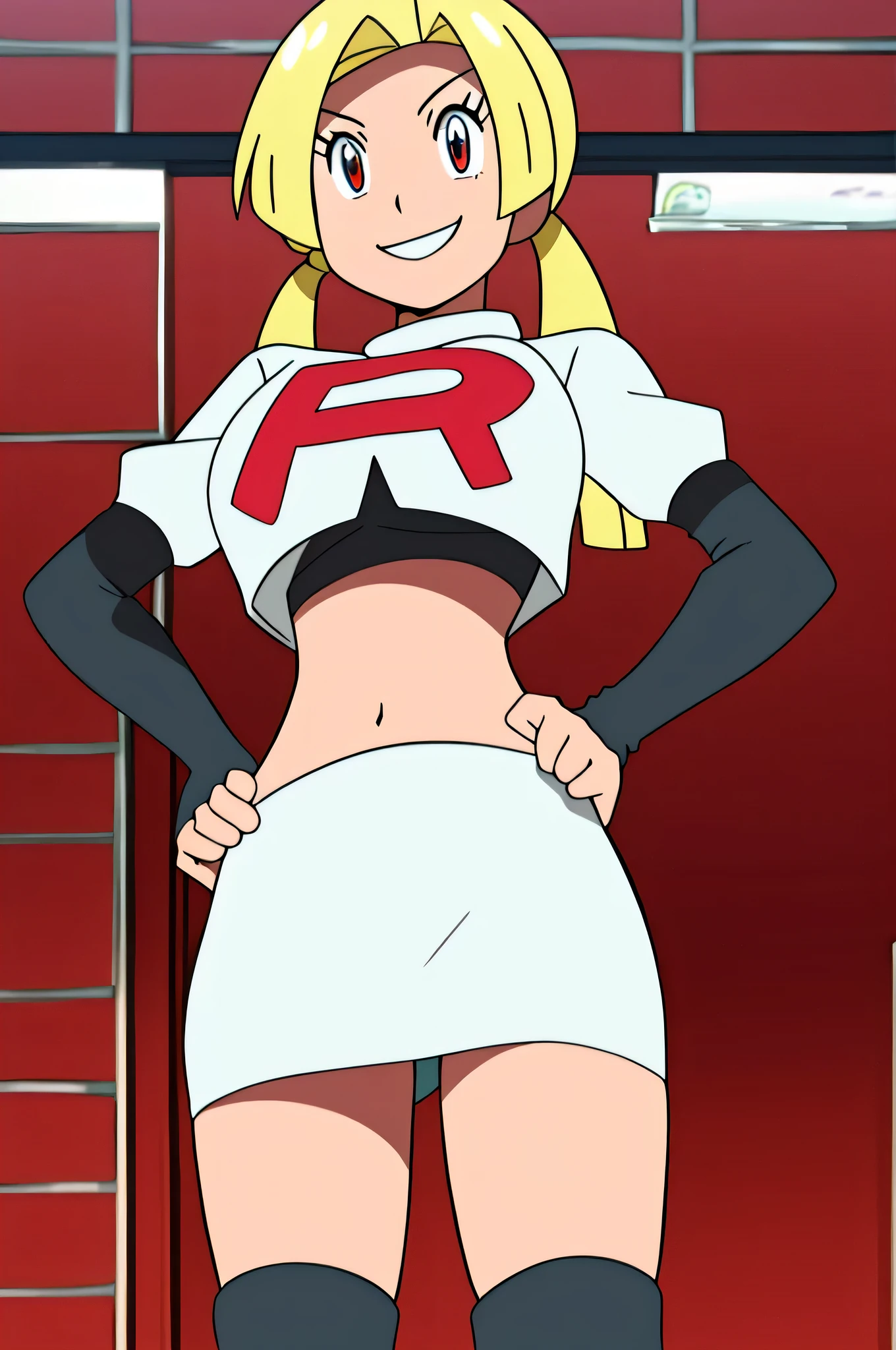 1girl in, (Solo:1.2), (Perfect body:1.1), (Best Quality:1.1), Cute Girl, Tsundere:1.1, (student clothes:1.4), (tiered layers skirt:1.2), very large breast, a blond, Long twintails, Black Ribbon Hair Fastening, Tsuriformes, sharp eye, Sanpaku eyes, (Seductive smile:1.5), Noble atmosphere, Fine-grained skin, (Choker with a cross:1.1), View of the valley, Navel Ejection, Raw feet, a belt on the thighhigh, Bright red eyes, Shining eyes, (NSFW:0.8), 8K, a belt on the thighhigh, Skinny Legs, School grounds with grass, full body seen, (Looking down here:1.2), (Loose socks:1.3), I don't have anything in my hands, No one around, hands on hip,team rocket uniform, red letter r, white skirt,white crop top,black thigh-high boots, black elbow gloves, evil smile, looking at viewer, hands on hips
