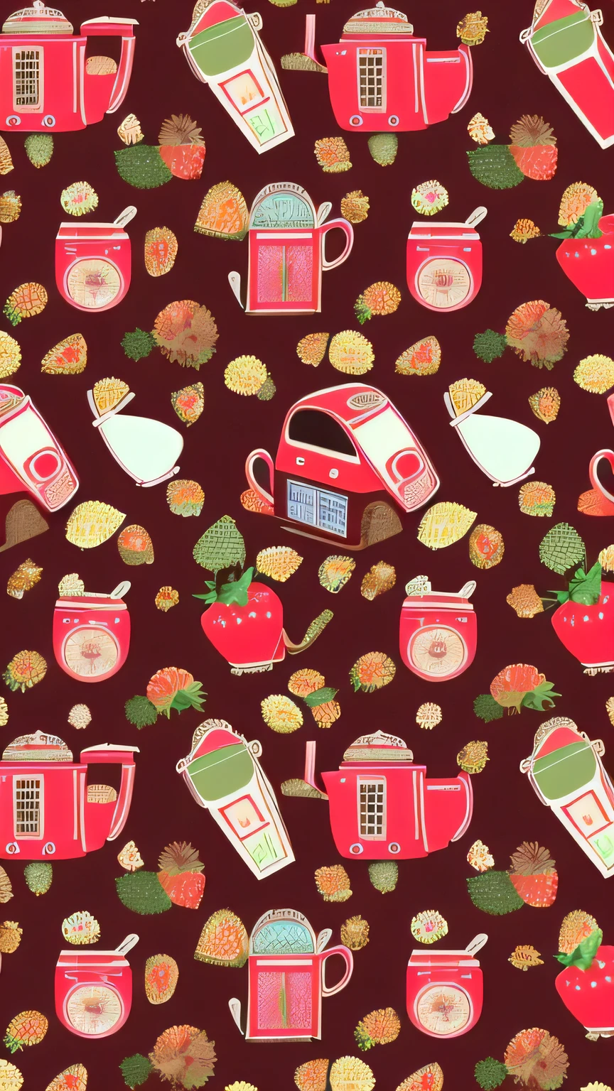 kaleidoscope background, (chocolate strawberry| long mouth teapot), mustang, pasta, Telephone booth -- automatic