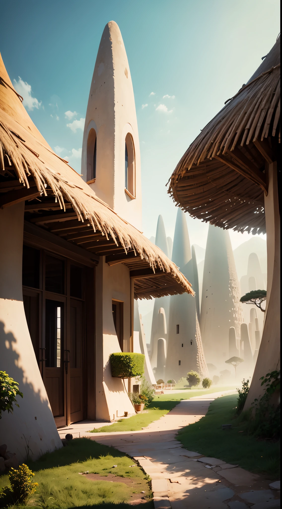 un village architecture africaine moderne futuriste , avec des baobabs et une montagne, dans un paysage méditerranéen, Panfuturisme, village, par Alberto Morrocc