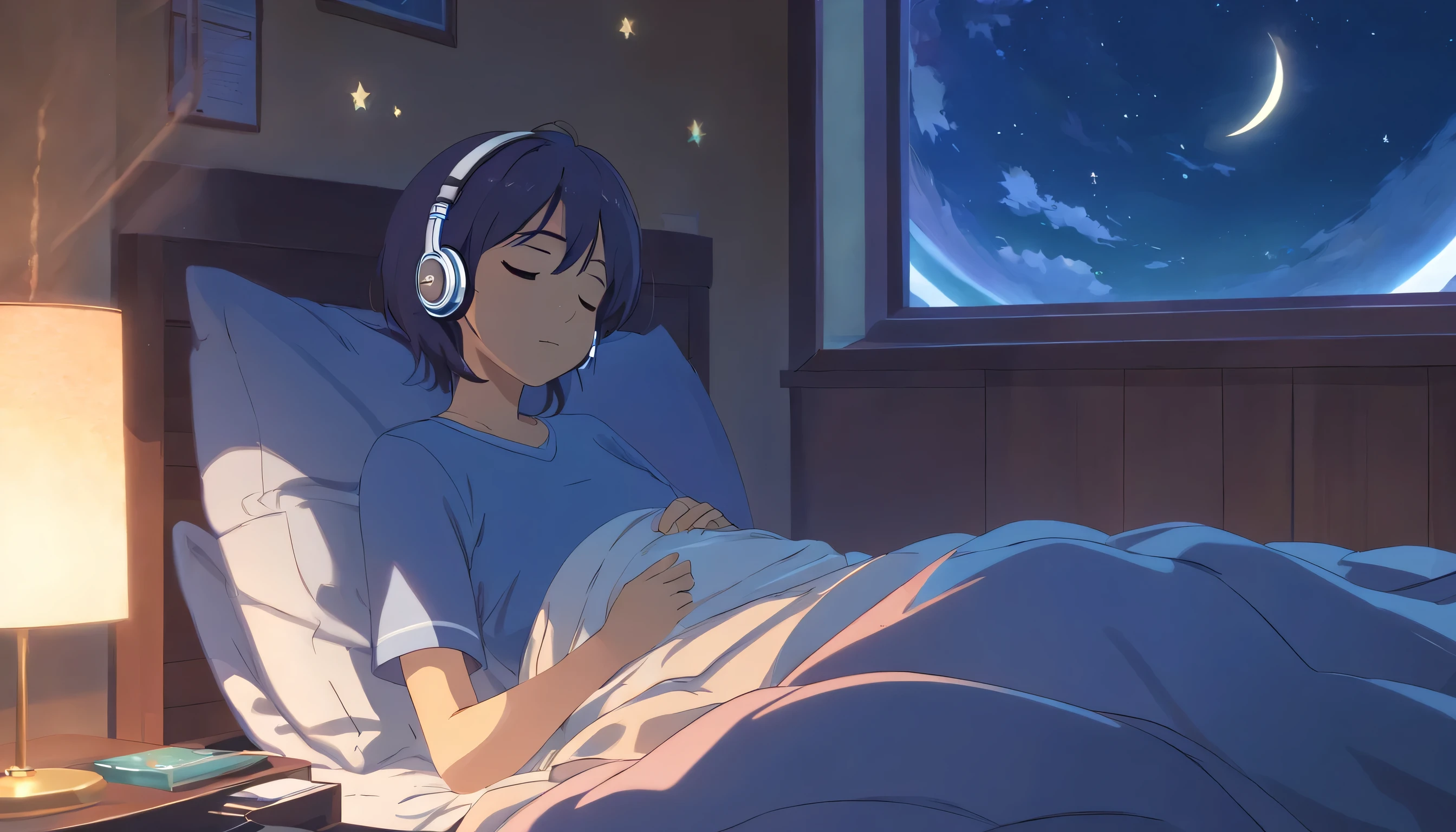 (masterpiece) a girl (Miss) lying in bed sleeping, In her bed, wearing headphones, A window showing the moon and stars, calm, peaceful, thinking, normal, color grading, Nice color coding,
