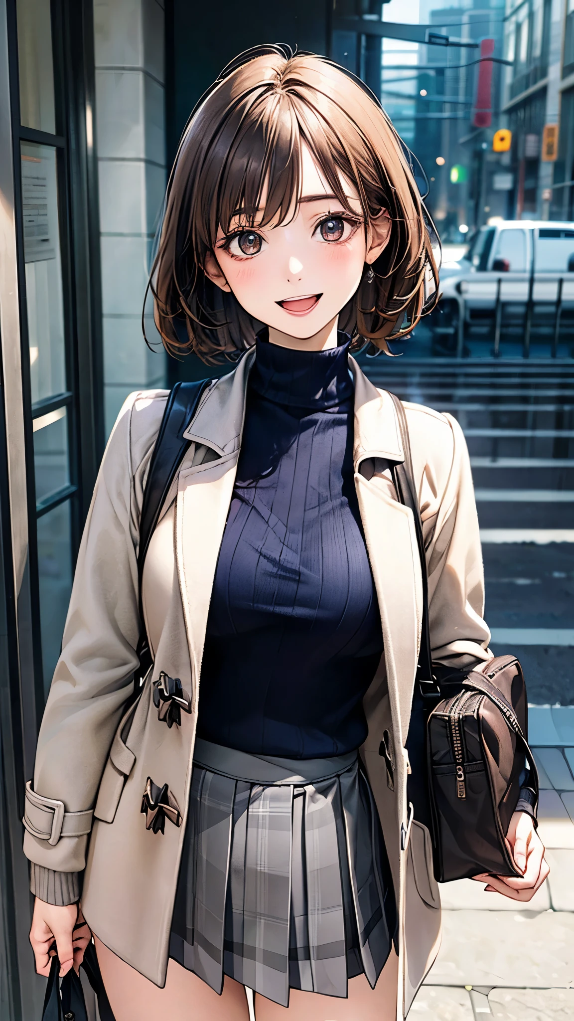 (masterpiece:1.2, top-quality), (realistic, photorealistic:1.4), beautiful illustration, (natural side lighting, movie lighting), nsfw,
looking at viewer, 1 girl, japanese, high school girl, perfect face, cute and symmetrical face, shiny skin,
(short hair:1.7, straight hair:1.2, brown hair), swept bangs, dark brown eyes, drooping eyes, long eye lasher, (medium breasts), slender,
beautiful hair, beautiful face, beautiful detailed eyes, beautiful clavicle, beautiful body, beautiful chest, beautiful thigh, beautiful legs, beautiful fingers,
((close clothes, grey brown duffle coat, black turtleneck sweater, grey box pleated mini skirt), navy and brown check muffler), , school bag,
(beautiful scenery), winter, evening, (outdoors), standing, (smile, open mouth slightly),