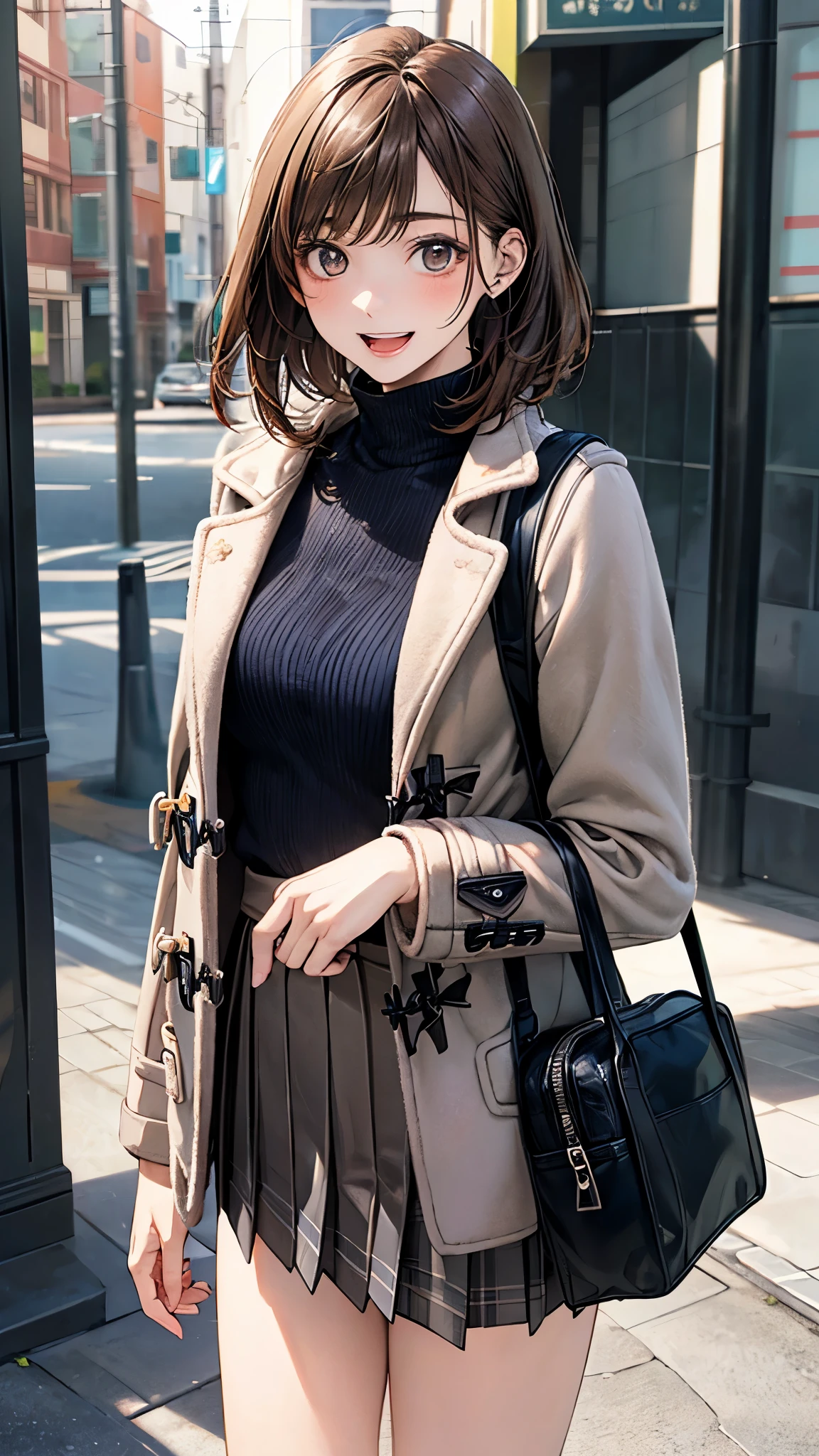 (masterpiece:1.2, top-quality), (realistic, photorealistic:1.4), beautiful illustration, (natural side lighting, movie lighting), nsfw, 
looking at viewer, 1 girl, japanese, high school girl, perfect face, cute and symmetrical face, shiny skin, 
(short hair:1.7, straight hair:1.2, brown hair), swept bangs, dark brown eyes, drooping eyes, long eye lasher, (medium breasts), slender, 
beautiful hair, beautiful face, beautiful detailed eyes, beautiful clavicle, beautiful body, beautiful chest, beautiful thigh, beautiful legs, beautiful fingers, 
((close clothes, grey brown duffle coat, black turtleneck sweater, grey box pleated mini skirt), navy and brown check muffler), , school bag, 
(beautiful scenery), winter, evening, (outdoors), standing, (smile, open mouth slightly), 