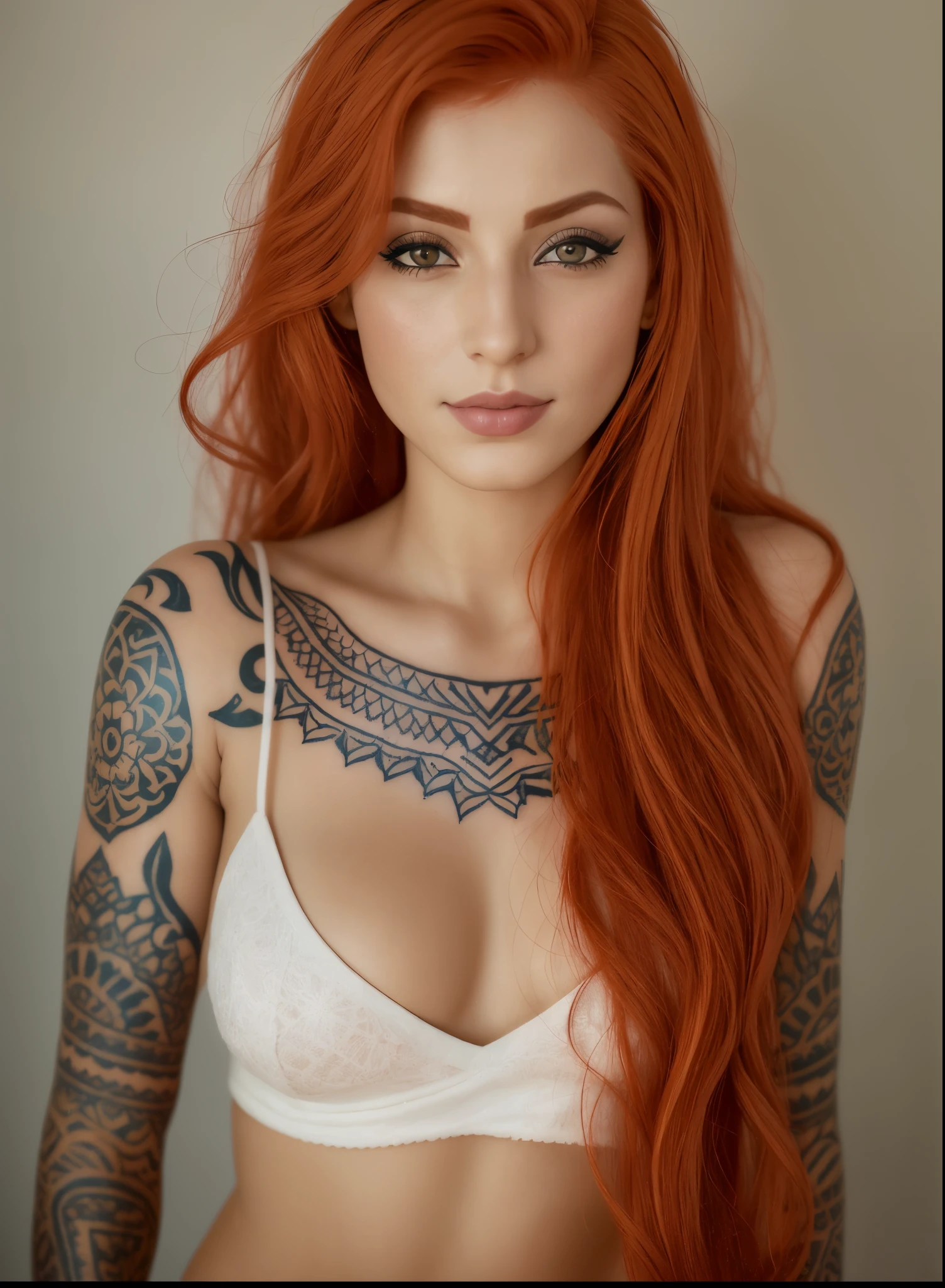 arafed woman with sardas and tattoos posing for a picture, sardad, sardas, elegant sardas, red hair and sardas, sardad pale skin, cute sardas, ruiva girl, sardas!!!, sardad face, with sardas, cabeça vermelha, sarda, ginger hair with sardas, ruiva woman, tatuado, light cute sardas, small sardas, ruiva, light sardas