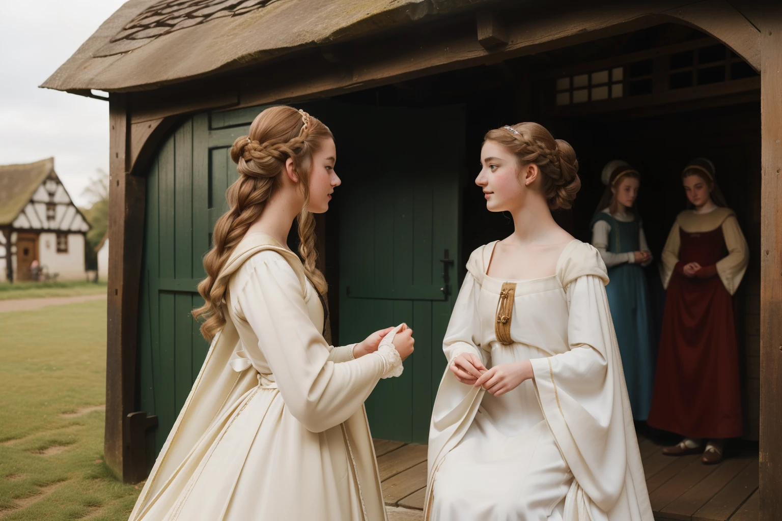 England, 1337. A young ((((20-year-old)) Caris Wooler)), attractive, expressive eyes, in the village fair, chatting with a friend. ((((clothings from the 1300s, gown)))), ((light chestnut hairstyle of the 1300s)) 