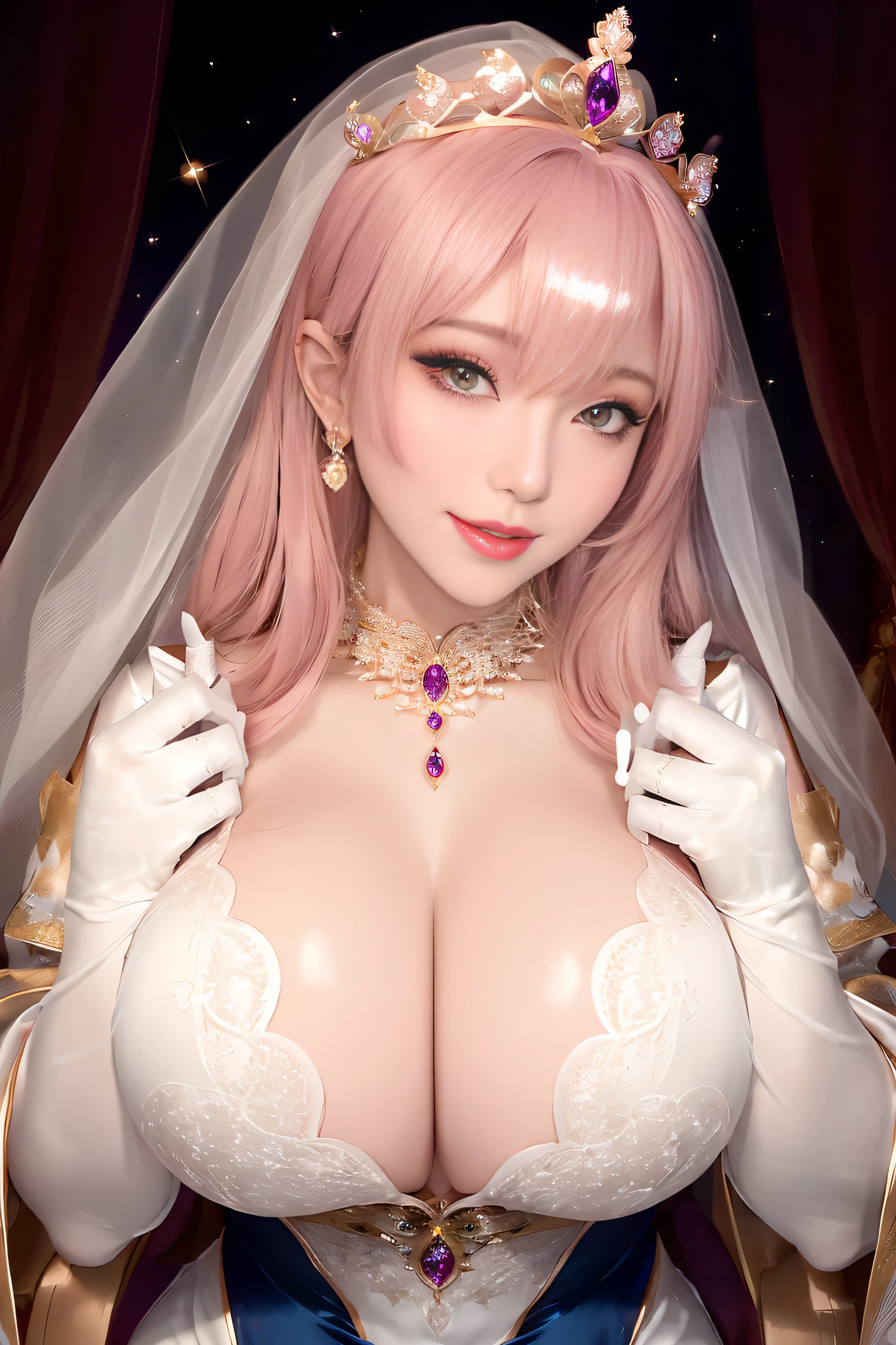 (MILF)、Beautiful woman、(40 years old）、majestic queen、In the palace、（big breasts, giga breasts）、Wearing a richly decorated mysterious veil、(white dress:0.8)、put on silk gloves、Full-length, voluminous pieces decorated with mysterious embroidery and jewels.、Wearing mysterious gorgeous jewelry、She is wearing a gorgeous hair ornament that sparkles with mysterious jewels.、blush cheeks、With a bewitching smile、showing cleavage, Looking at Viewer、perfect hands