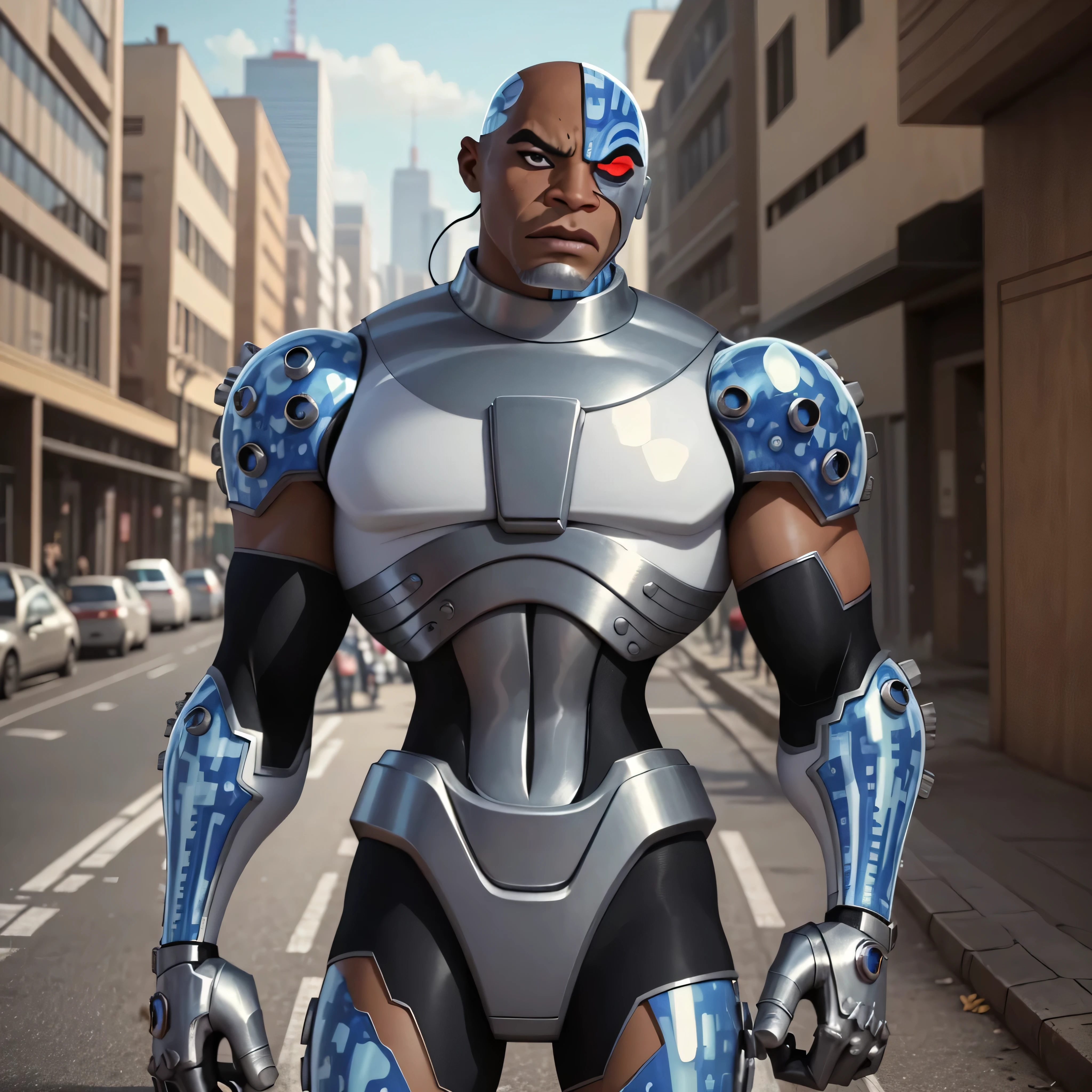 Full body image, DC Comics, Cyborg Victor Stone, black man, (((samurai armor))), photo-realistic, octane render, unreal engine, ultra-realistic