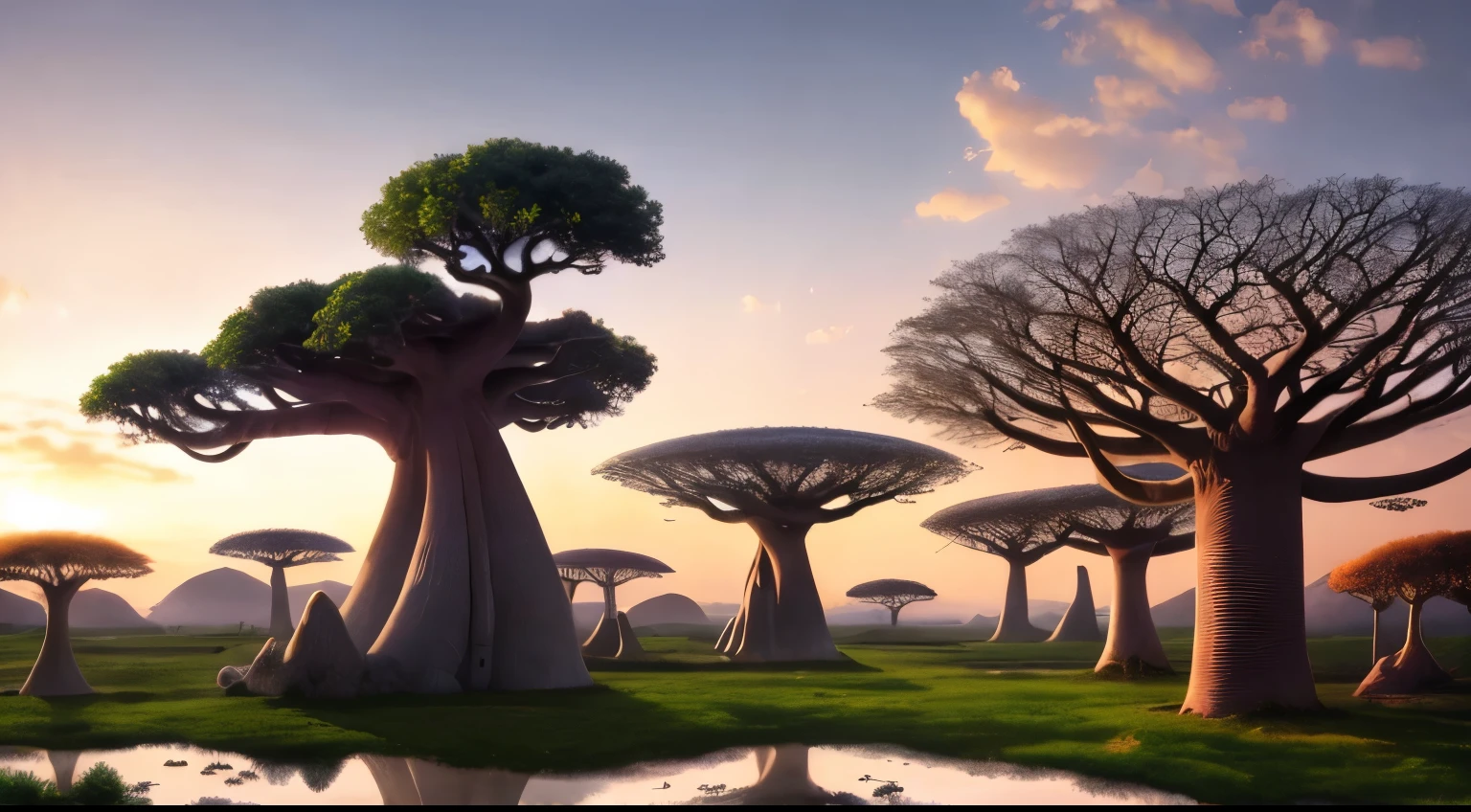 chef-d'artwork, best quality, high quality, fond d'Extremely detailed Unity 8k CG display, a colossal hyper-realistic baobab, in a futuristic prehistoric African village, the splashes of'eau bleue, sandy debris, reflets, arbre solaire, Nuages duveteux, hyperdetailed, HDR, Floraison, photorealistic, hyperdetailed