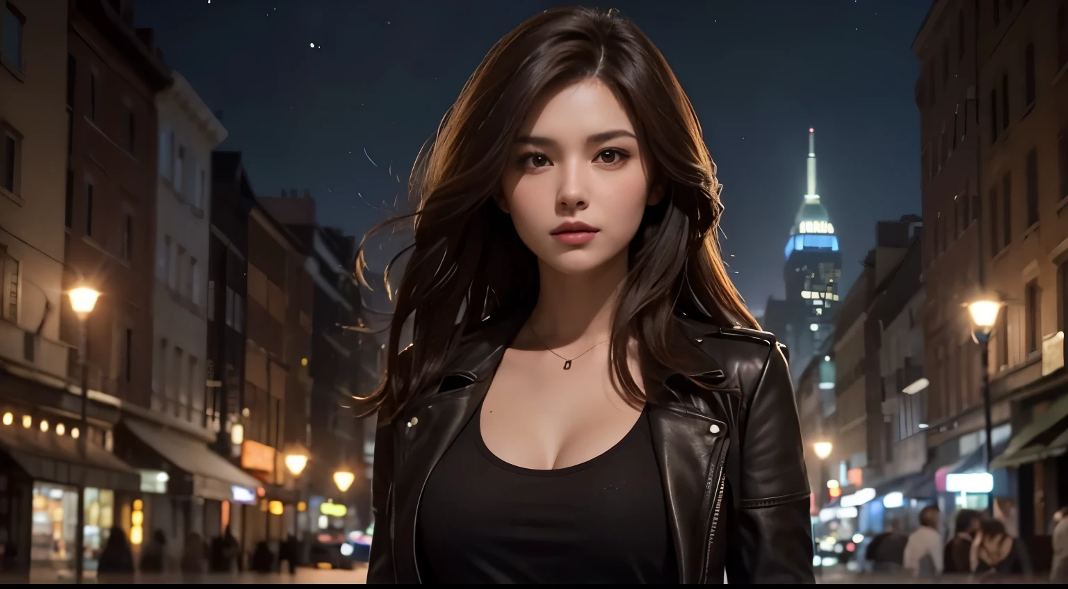 A beautiful woman. Dark brown hair. She is about to teleport. She is standing in the city at night.