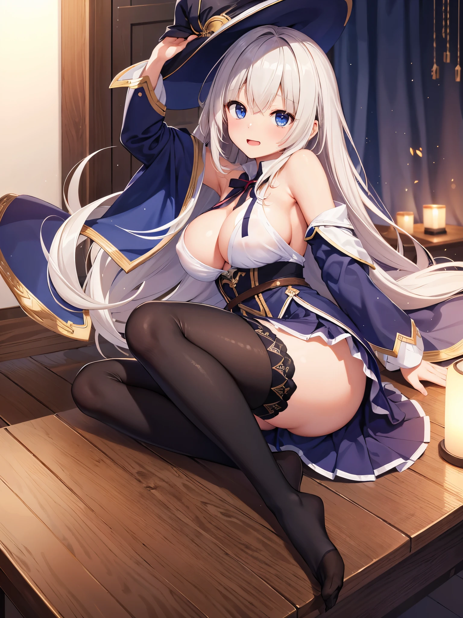 (1 girl),(high quality), (High resolution), (extremely detailed), (8K),(focus on lower body),(CG),female university student、beautiful girlfriend、magic knight costume、Magic Swordsman、witch、pleated skirt、sexy panties、(black knee high stockings:1.2)、erect nipple shape、No shoes、(neutral white lighting),sexy pose,