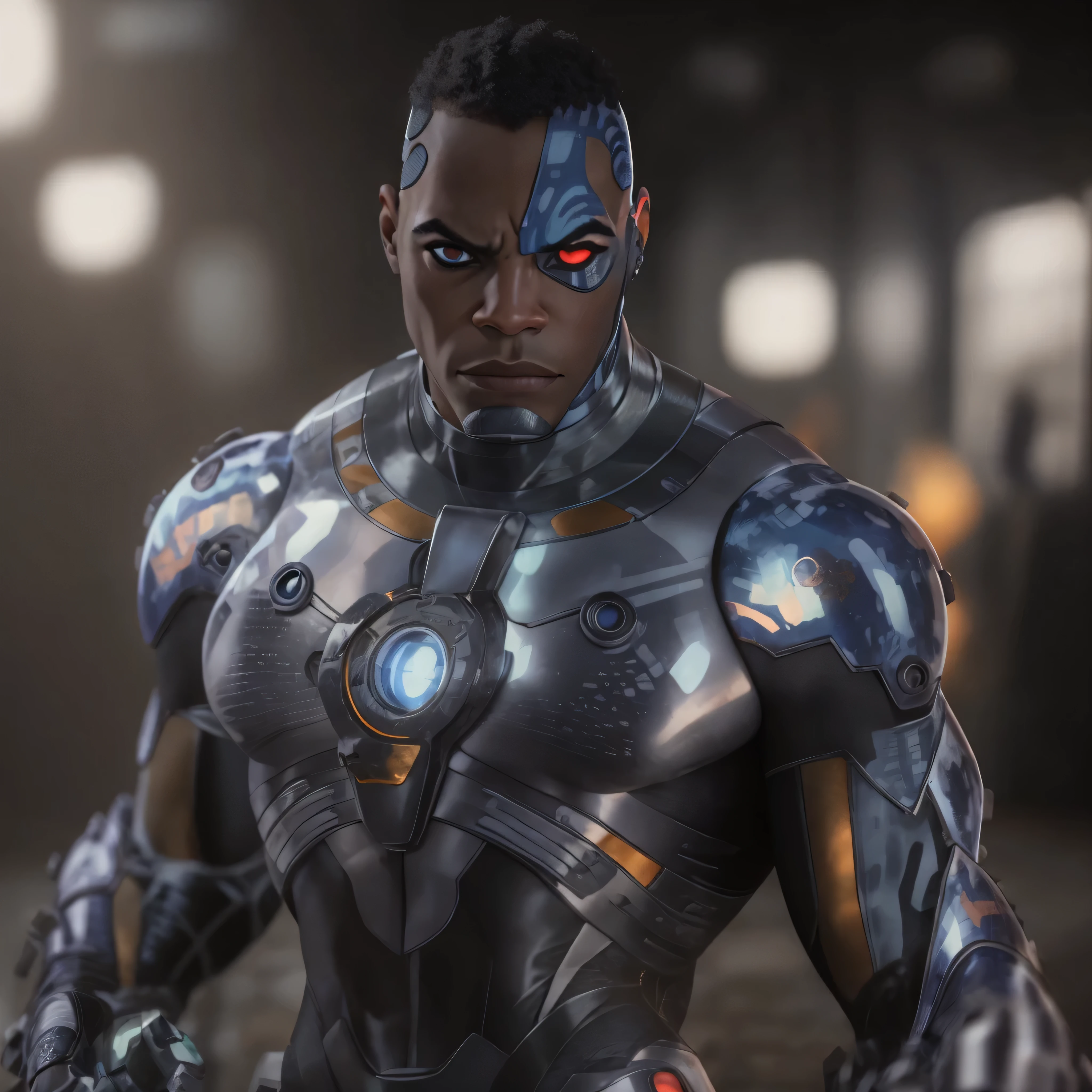 Full body image, DC Comics, Cyborg Victor Stone, black man, photo-realistic, octane render, unreal engine, ultra-realistic