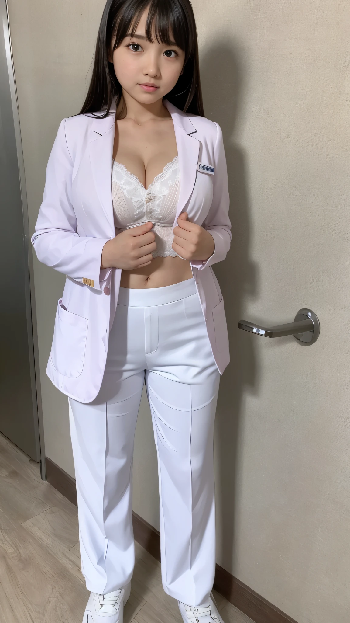adorable, 1 young girl, ((10 years old)), baby face. Wearing doctors suit. (Full body shot), ((Medium breast)),((cleavage)). Hospital. Ultra High Res. realistic: 1.4, UHD