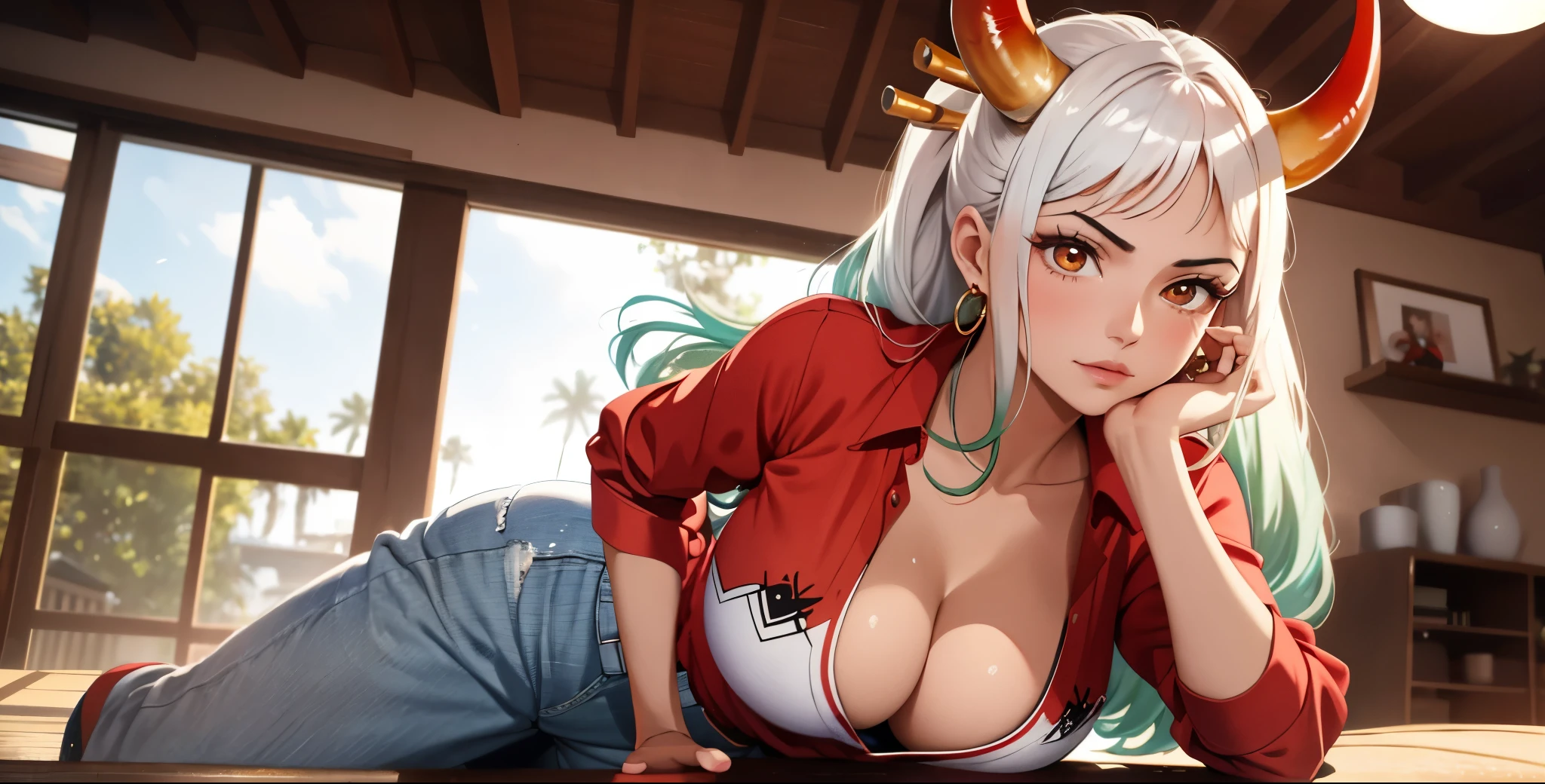 sexy, sexy outfit, Masterpiece, Best quality, 1womanl, A high resolution, Beautiful girl , yamatowanpi,Large breasts,cleavage,red color blouse,denim pant,looks into camera,Raised sexy,Be red in the face
