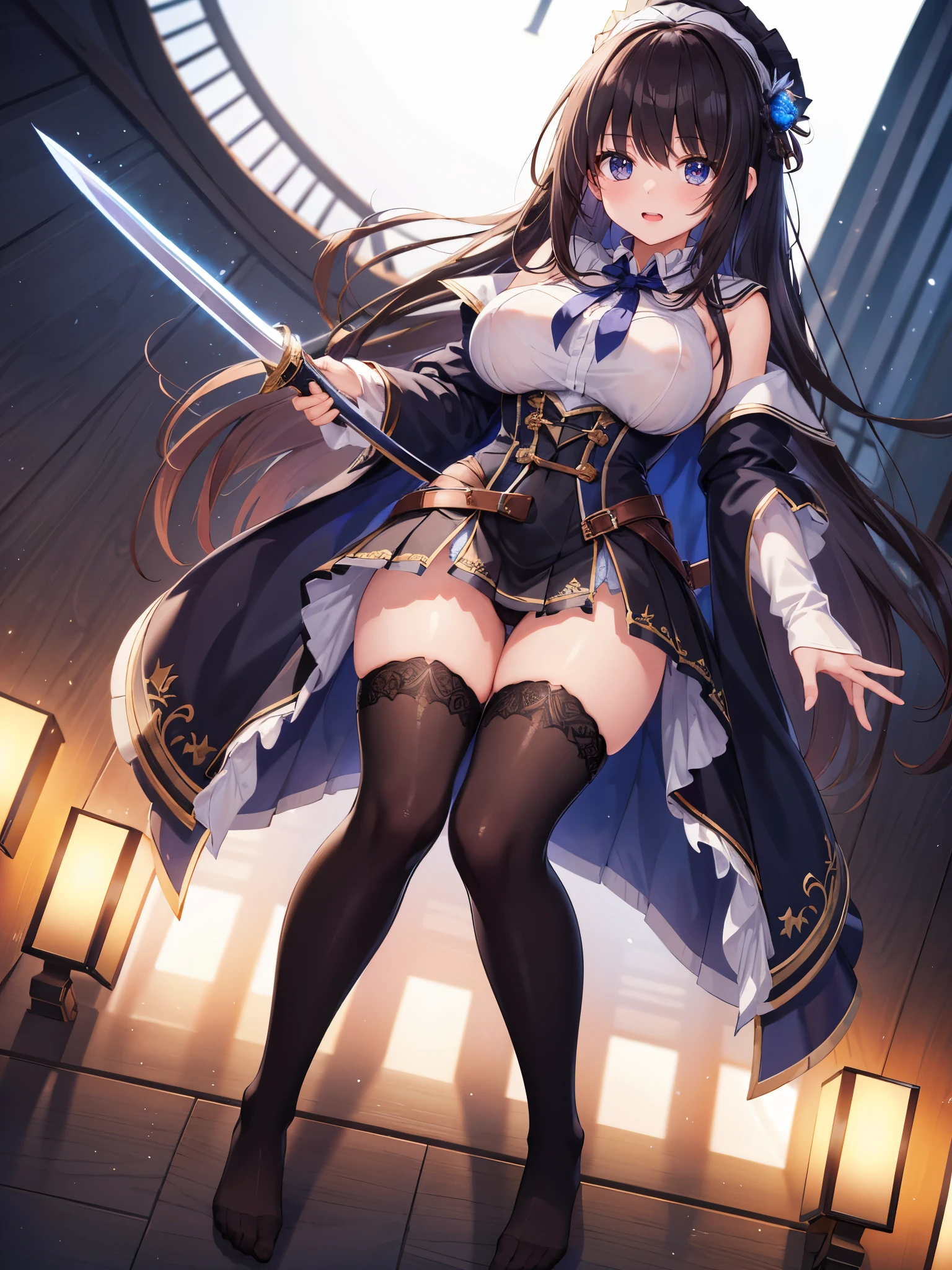 (1 girl),(high quality), (High resolution), (extremely detailed), (8K),(focus on lower body),(CG),female university student、beautiful girlfriend、magic knight costume、Magic Swordsman、witch、pleated skirt、sexy panties、(black knee high stockings:1.2)、erect nipple shape、No shoes、(neutral white lighting),sexy pose,