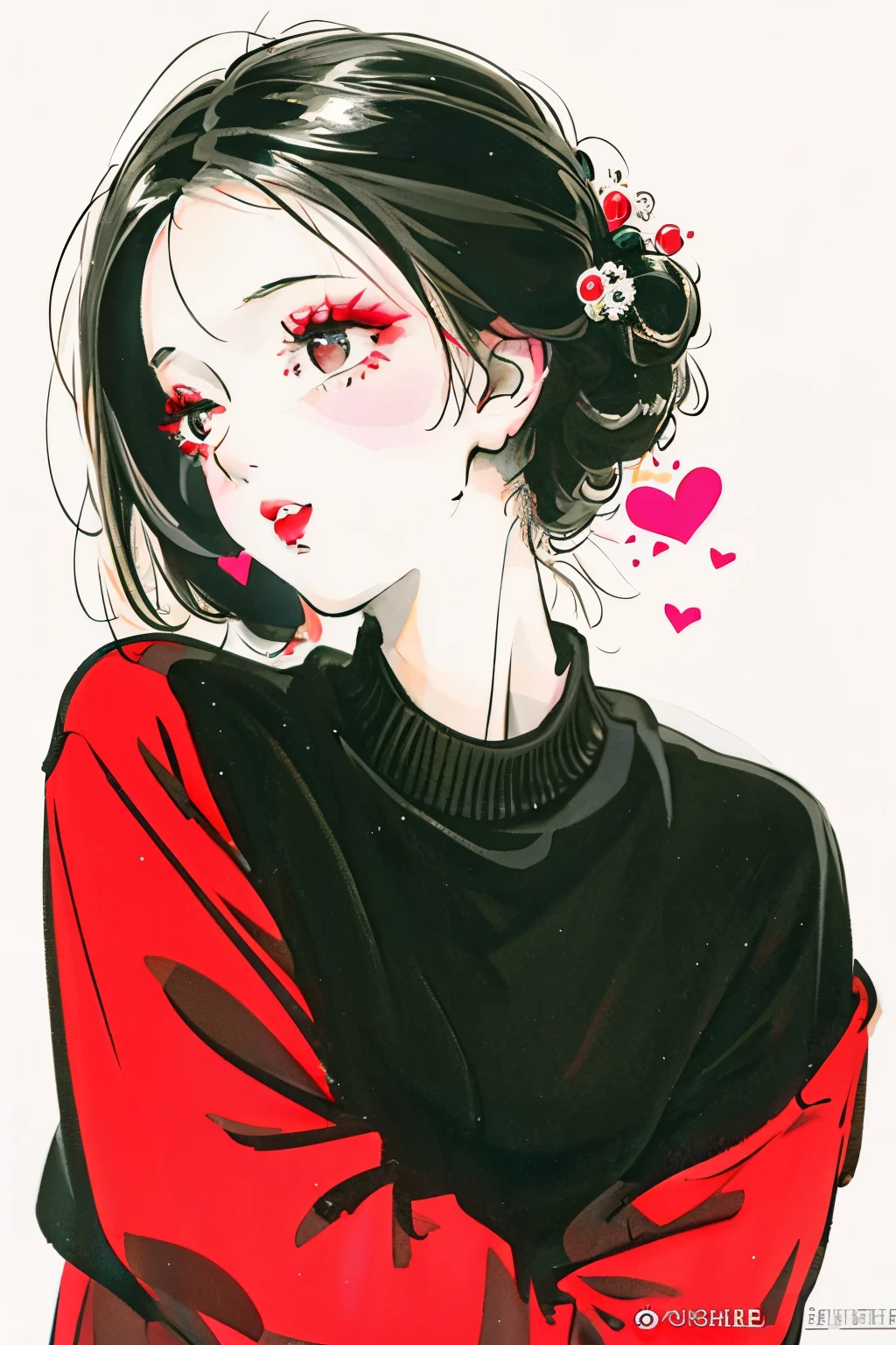 1 girl, black eye, black haired, closed mouth, グレーのsweater, hair ornaments, Barrette, heart, lips, lipstick, look at the audience, compensate, Portrait, red lips, simple background, Sleeves cover the wrist, laughter, solo, sweater, white background,(masterpiece:1.4),(best image quality:1.4),(glowing skin),Chich wind、attractive