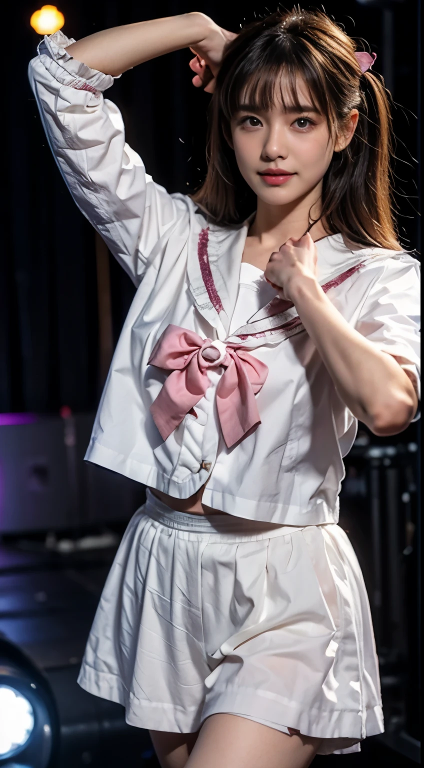 Top idol beautiful girl、A peerless beautiful girl、historical beautiful girl、detailed texture、Moisturizing the skin、perfect style、erotic body、sailor suit、下着が透けて見えるsailor suitの衣装を着て、(dance violently:1.3)、On a stage with a gorgeous set、in front of a packed audience、look at the audience、18-year-old