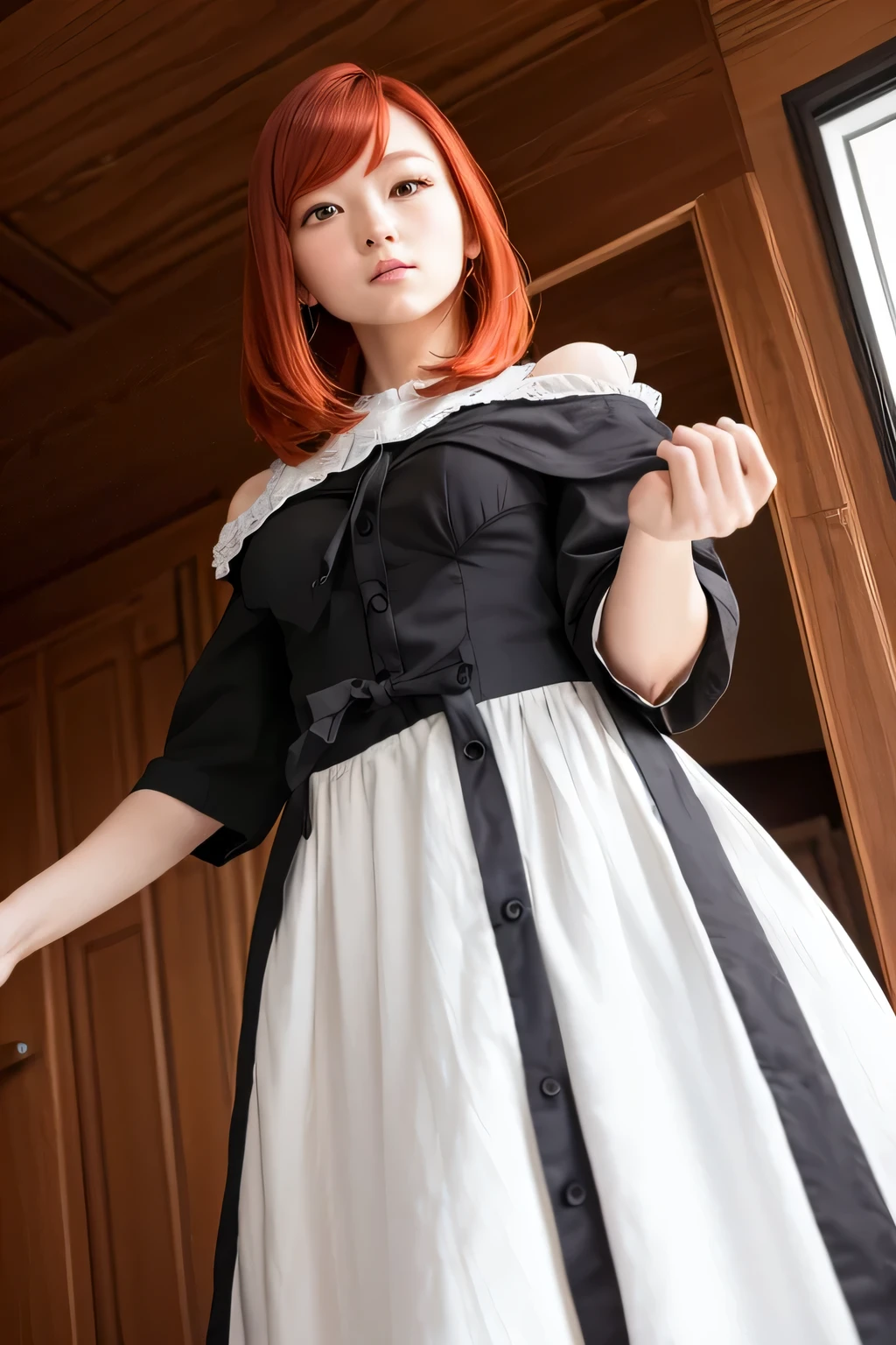 In maid clothes 、、front、whole body、Photo taken from below、one beautiful maid、((red hair long bob hair))、indoor