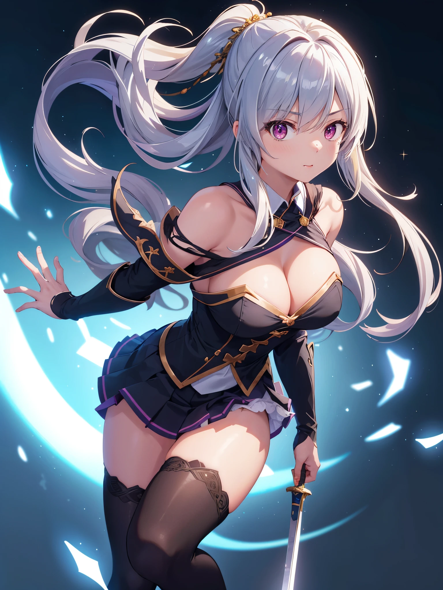 (1 girl),(high quality), (High resolution), (extremely detailed), (8K),(focus on lower body),(CG),female university student、beautiful girlfriend、magic knight costume、Magic Swordsman、witch、pleated skirt、sexy panties、(black knee high stockings:1.2)、erect nipple shape、No shoes、(neutral white lighting),sexy pose