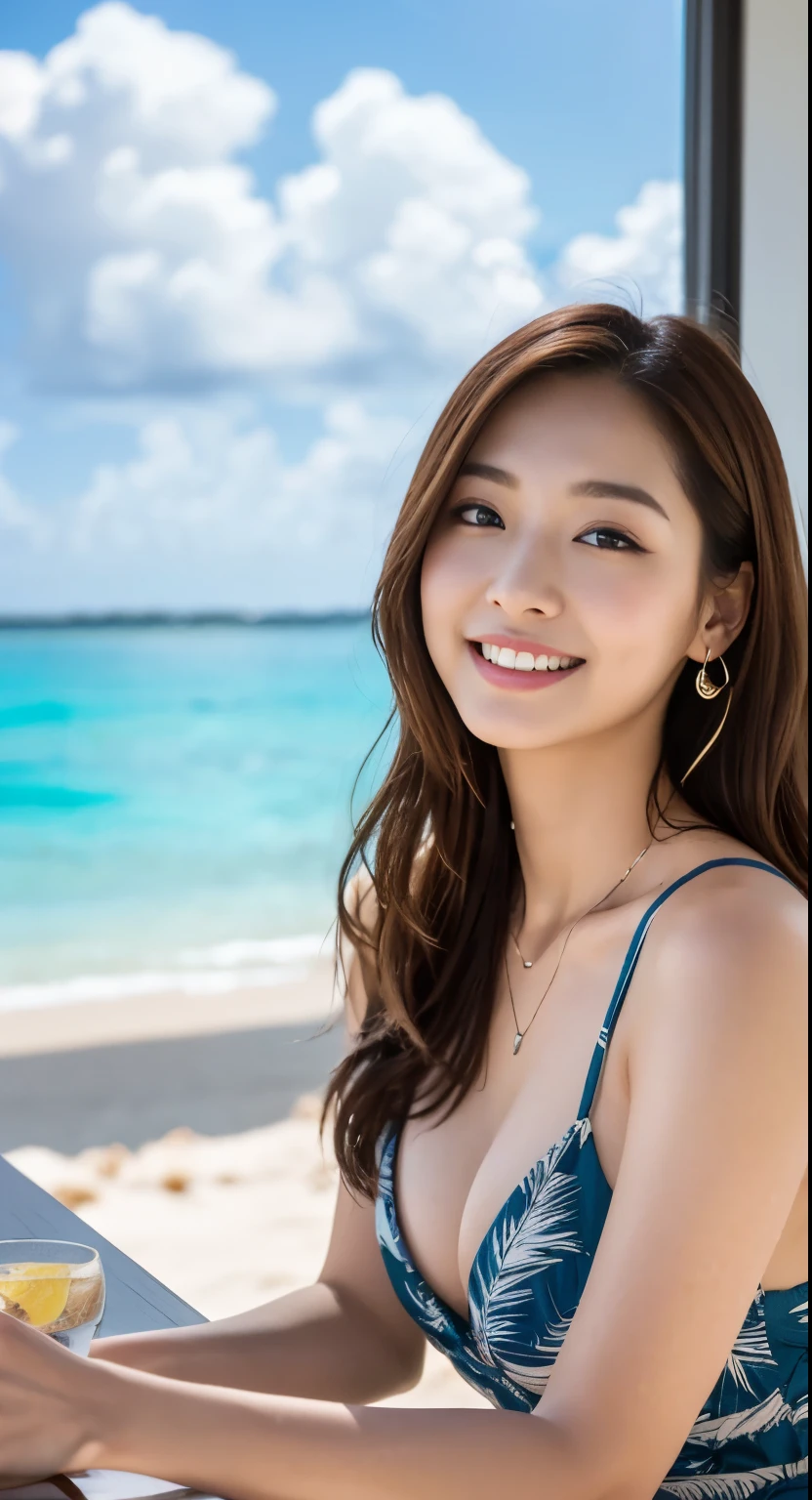 table top, highest quality, realistic, super detailed details, finely, High resolution, 8k wallpaper, (1 female), Beautiful woman、korean style makeup、sharp face、small face、droopy eyes、firm chest、cleavage、Light brown fluffy long hair, (Overwater cottages in the Maldives,Crystal clear sea seen from the window, Views with white sand beaches and palm trees)、highly detailed background、sharp focus, perfect dynamic composition, beautiful and detailed eyes, Detailed realistic skin texture, smile, on the road、brown pupils、Swaying earrings、 necklace、Show 1&#39;~ side、