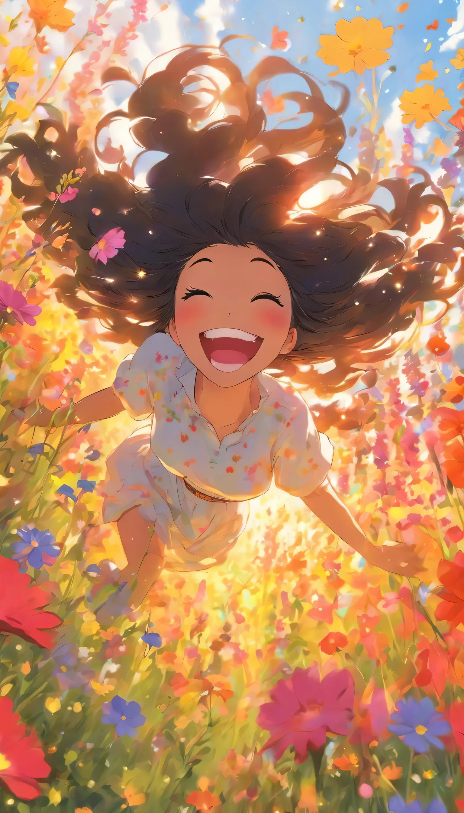A whimsical happy and beautiful woman with voluminous, black hair , laughing amidst a field of vibrantly colored wildflowers, summer breeze.