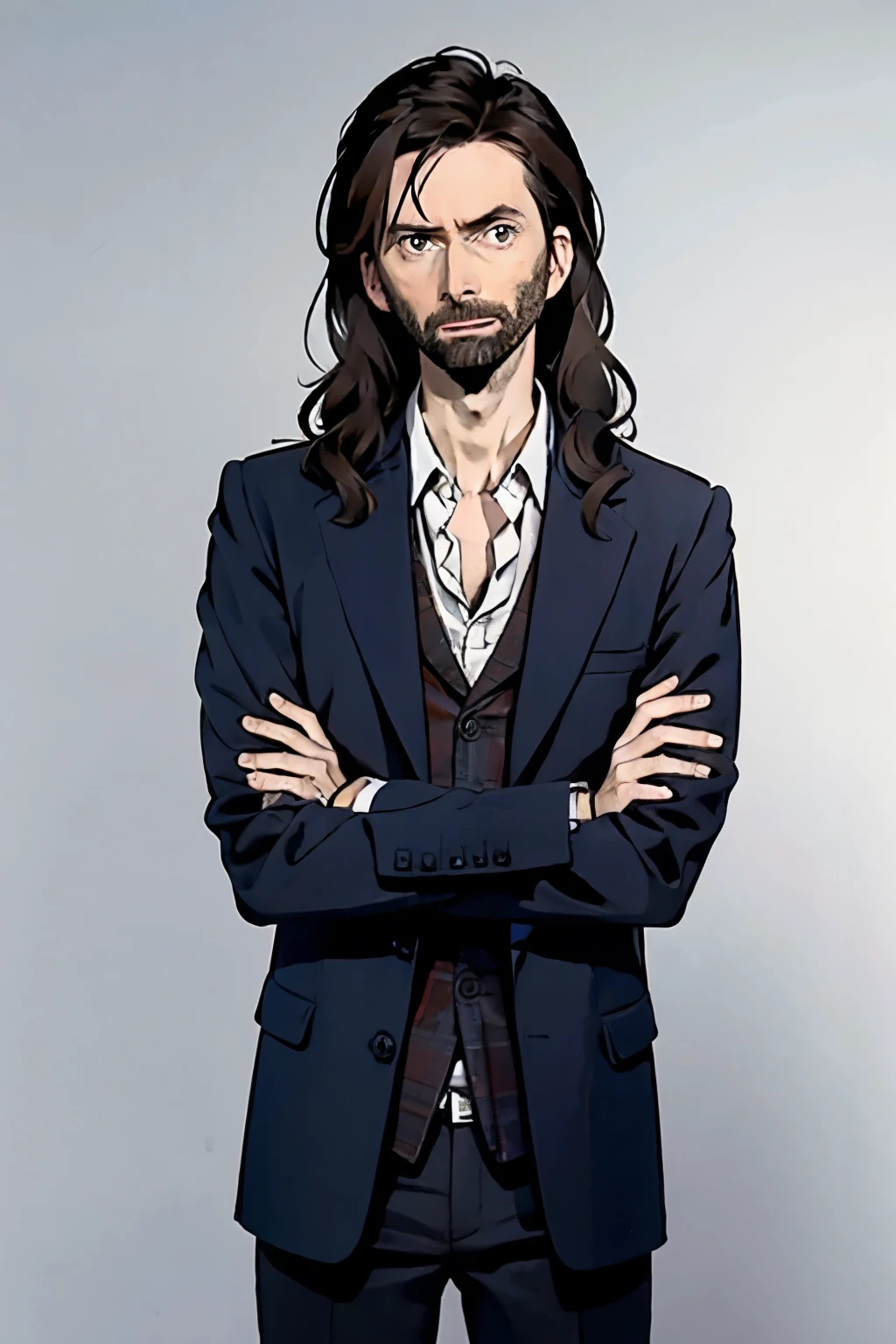 David Tennant with medium long black hair and beard, gray eyes. Elegant black clothes. Simple background.