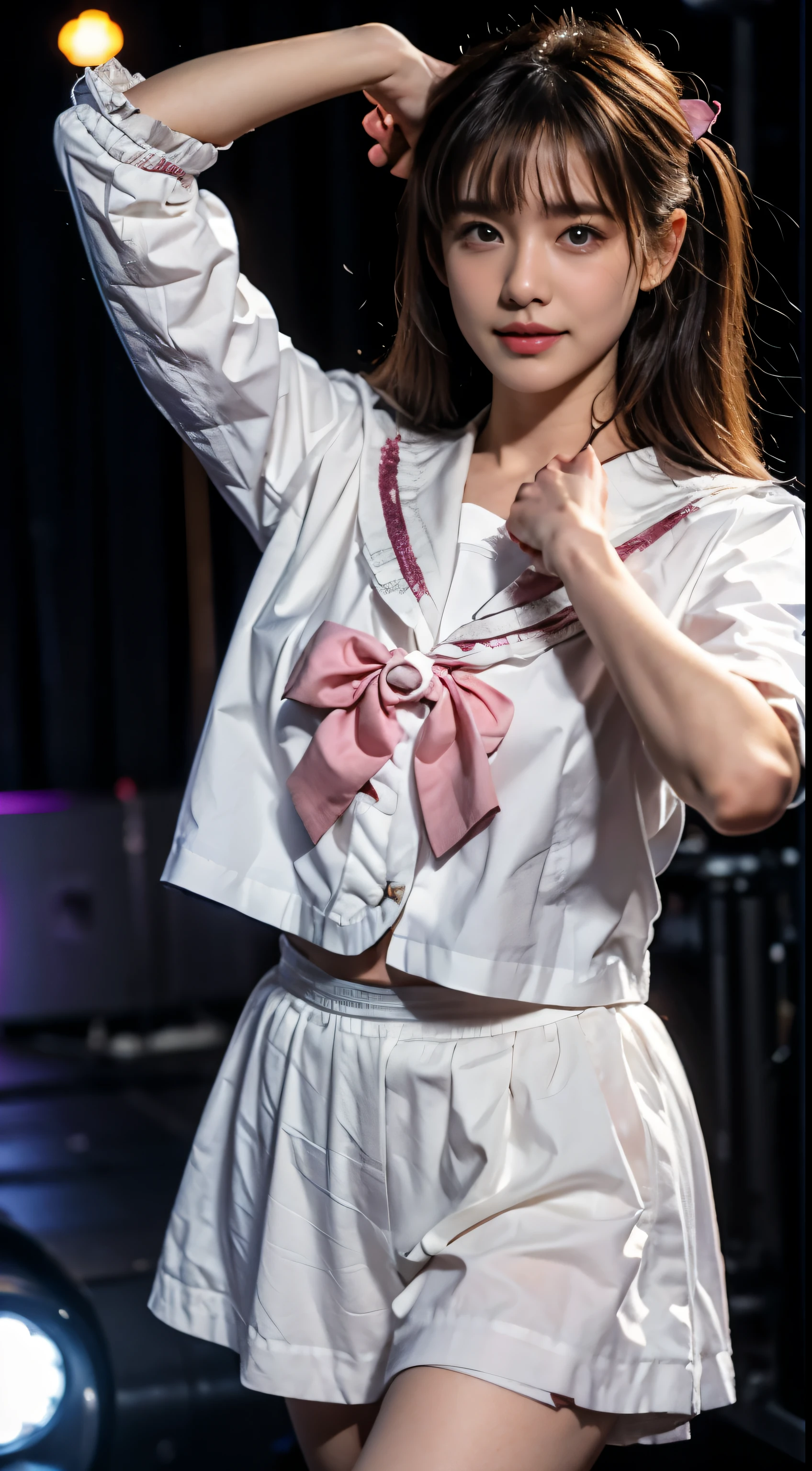 Top idol beautiful girl、A peerless beautiful girl、historical beautiful girl、fine texture、Moisturizing the skin、perfect style、erotic body、sailor suit、下着が透けて見えるsailor suitの衣装を着て、(dance violently:1.3)、On stage with a luxurious set、in front of a packed audience、look at the audience、18-year-old
