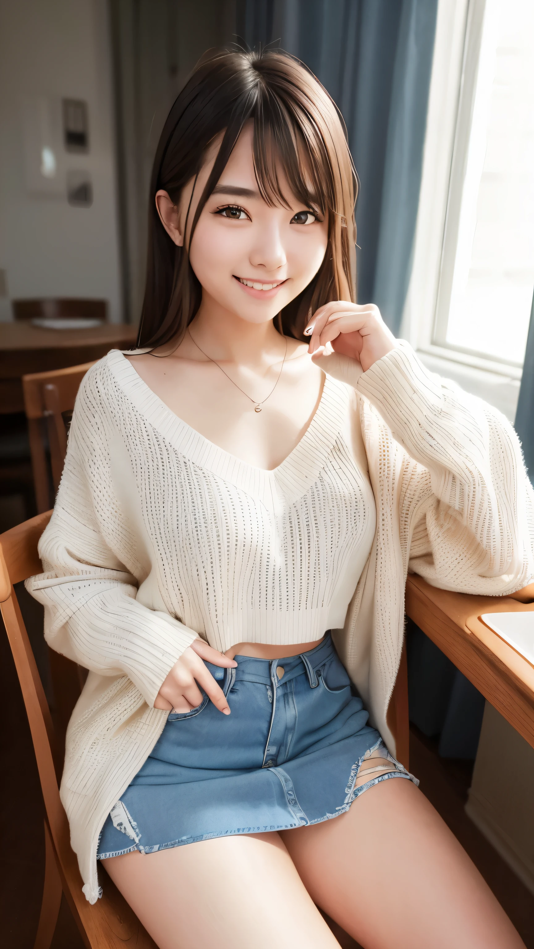 {Highest quality}、{so beautiful}、{Highest quality}、{Best illustrations}、super high quality、Japanese Girls1people々、Casual clothing、mini skirt、Yellow panties、Attractive thighs、Spread your legs wide、Open your chest wide、Face of joy、Small breasts、smile、No underwear、Sitting、Raise your knees、look forward to、Fold up the hem of the skirt a little