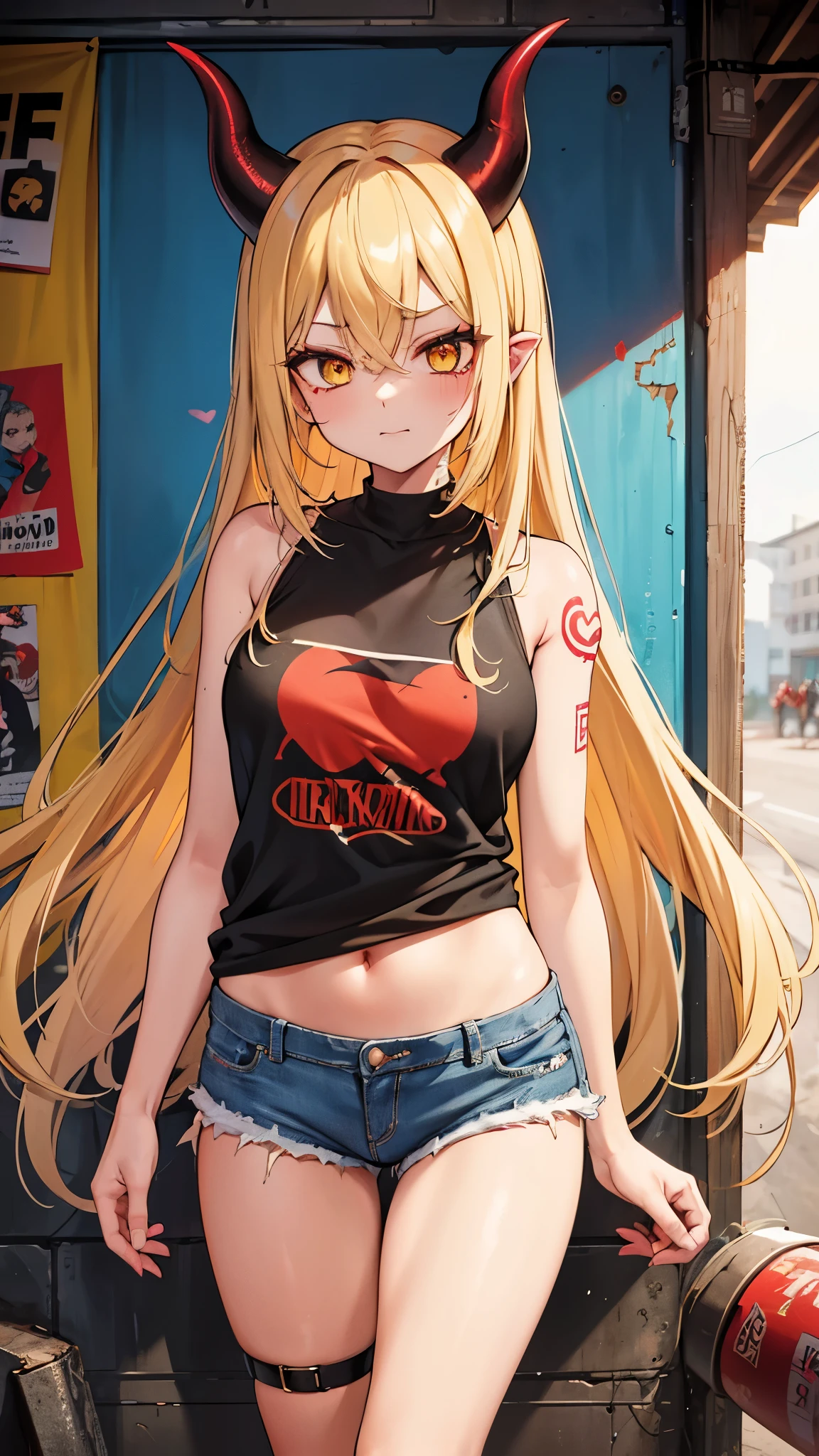 Tattooed devil girl, damaged denim shorts, punk fashion, slum street, 1980s,tattoo irezumi,power, blonde hair, 1girl, demon horns, hair between eyes, horns, long hair, red horns, very long hair, yellow eyes