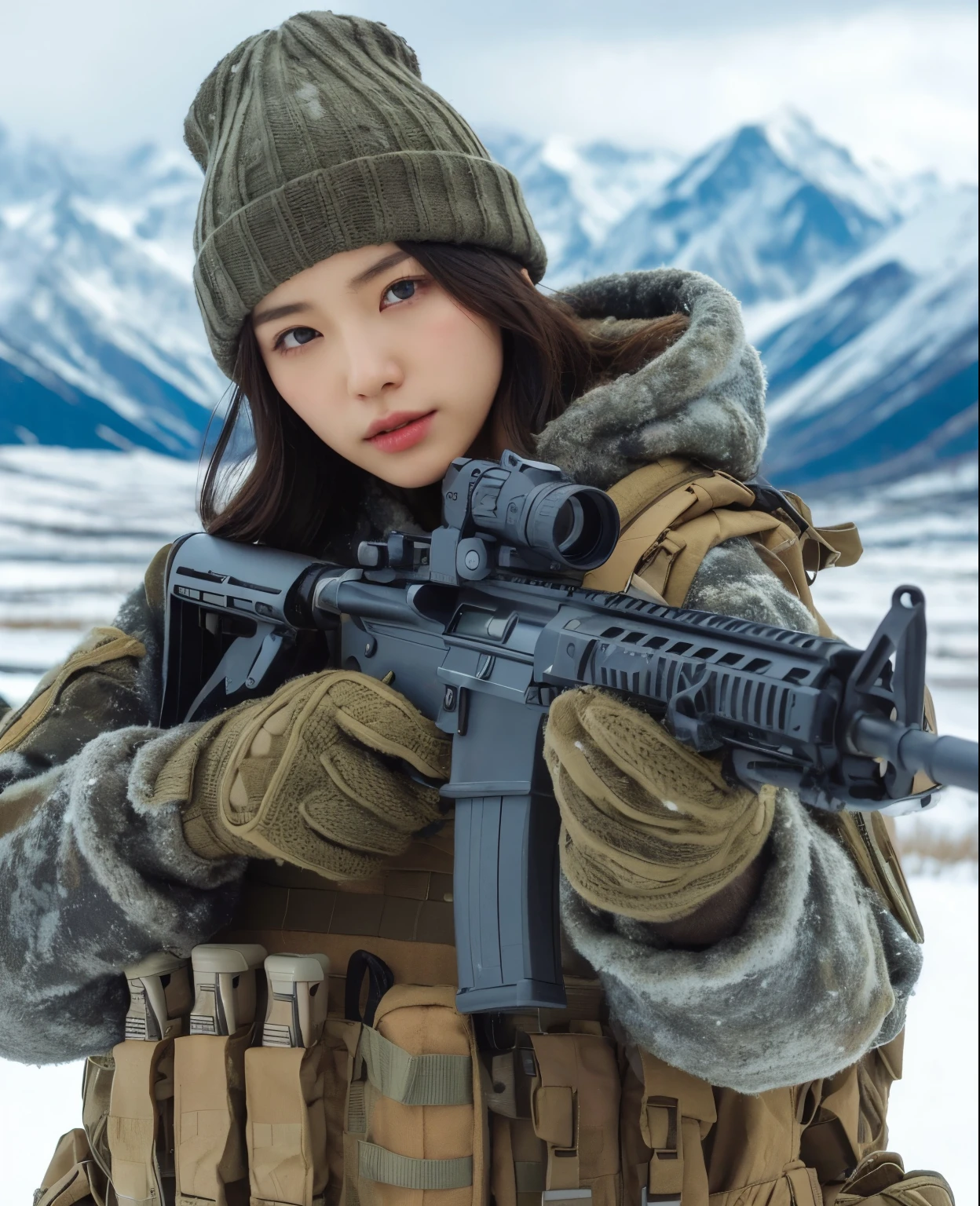photorealistic、realistic skin texture、A beautiful Japanese woman who is a member of the American military I'm in a snowy field、I can see a high mountain in the distance、Backpack、Army Down Jacket、Knitted Cap、、Aiming with a large sniper rifle、bulletproof vest、moving action pose、whole body