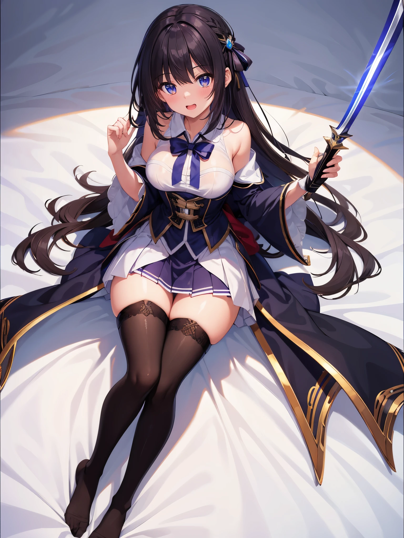 (1 girl),(high quality), (High resolution), (extremely detailed), (8K),(focus on lower body),(CG),female university student、beautiful girlfriend、magic knight costume、Magic Swordsman、Magical girl、pleated skirt、sexy panties、(black knee high stockings:1.2)、erect nipple shape、No shoes、(neutral white lighting),sexy pose