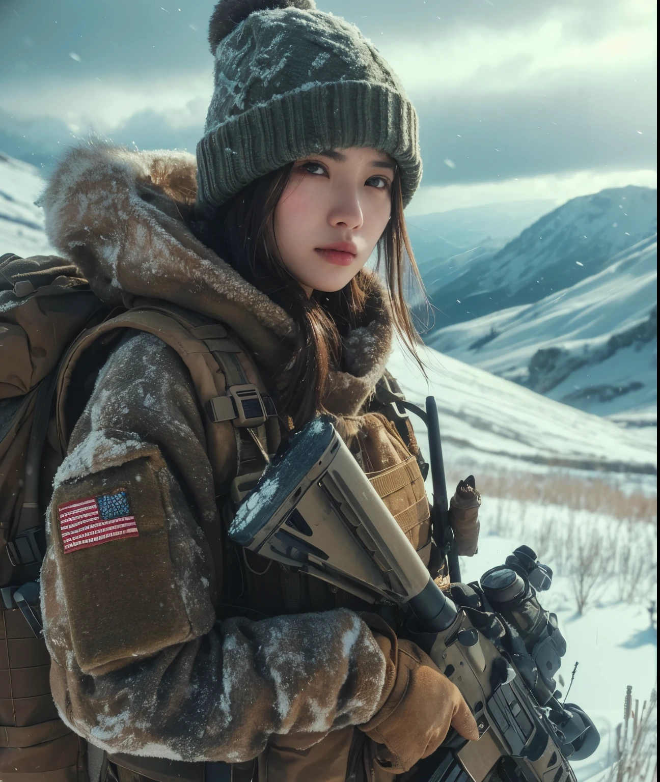 photorealistic、realistic skin texture、A beautiful Japanese woman who is a member of the American military I'm in a snowy field、I can see a high mountain in the distance、Backpack、Army Down Jacket、Knitted Cap、、Aiming with a large sniper rifle、bulletproof vest、moving action pose、whole body