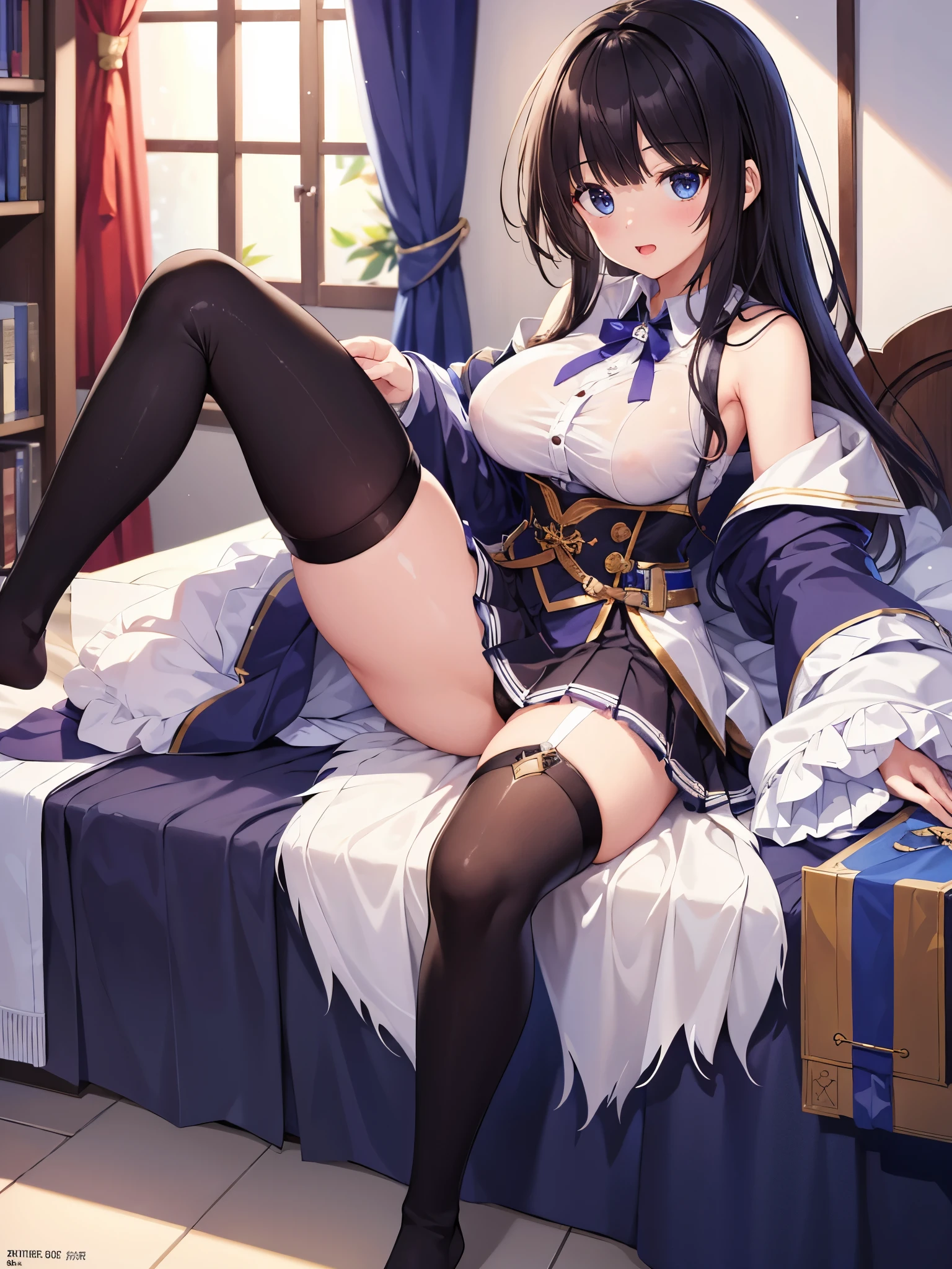 (1 girl),(high quality), (High resolution), (extremely detailed), (8K),(focus on lower body),(CG),female university student、beautiful girlfriend、magic knight costume、Magic Swordsman、Sorcerer、pleated skirt、sexy panties、(black knee high stockings:1.2)、erect nipple shape、No shoes、(neutral white lighting),sexy pose