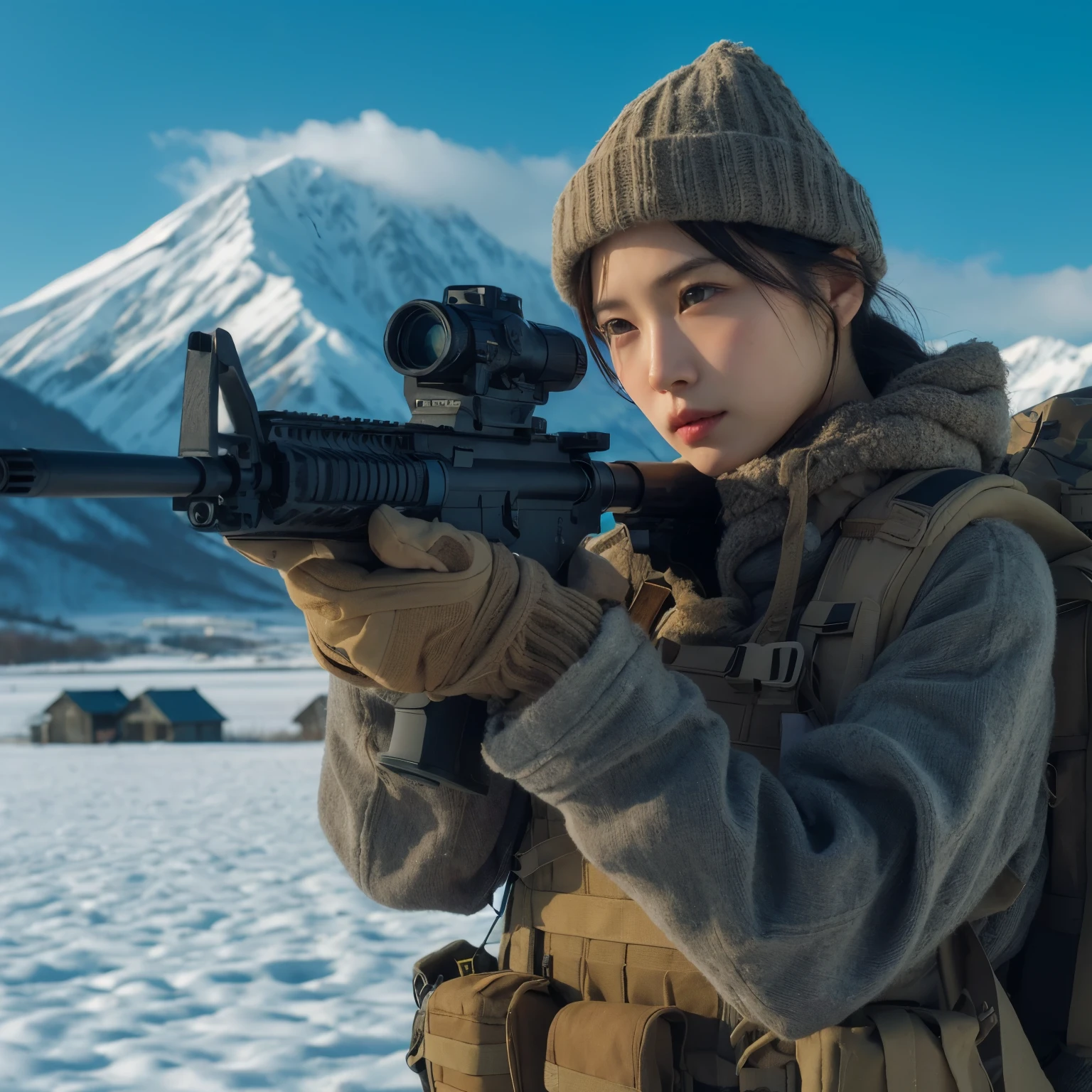 photorealistic、realistic skin texture、A beautiful Japanese woman who is a member of the American military I'm in a snowy field、I can see a high mountain in the distance、Backpack、Army Down Jacket、Knitted Cap、、Aiming with a large sniper rifle、bulletproof vest、moving action pose、whole body