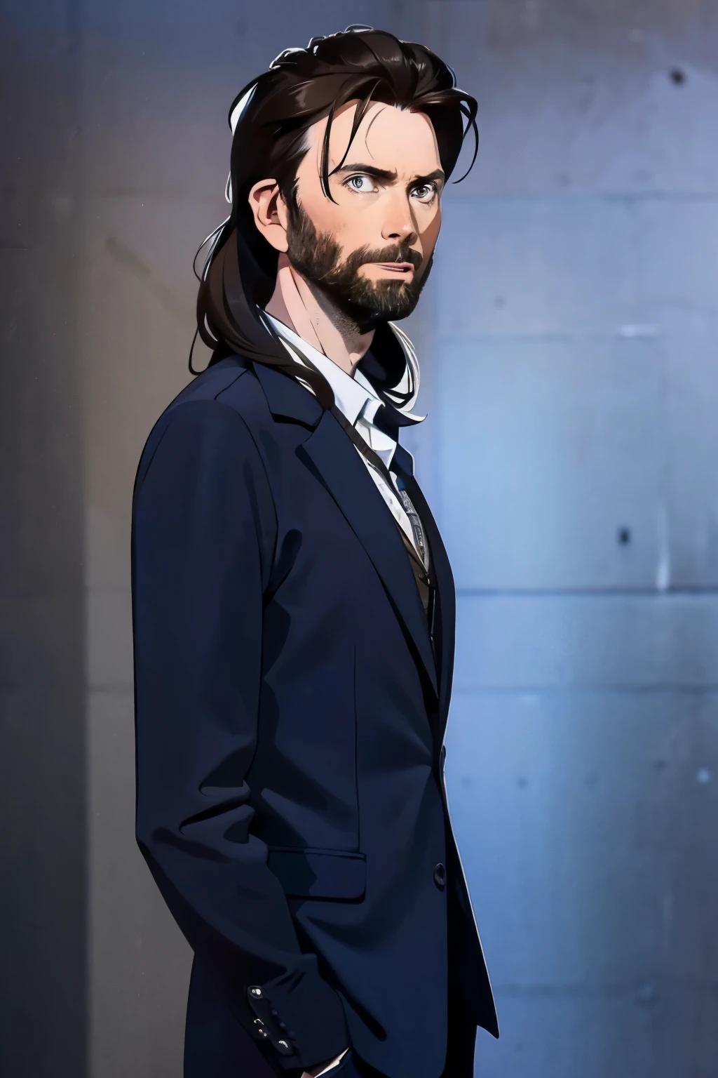 David Tennant with long black hair and beard, gray eyes. Elegant black clothes. Simple background.